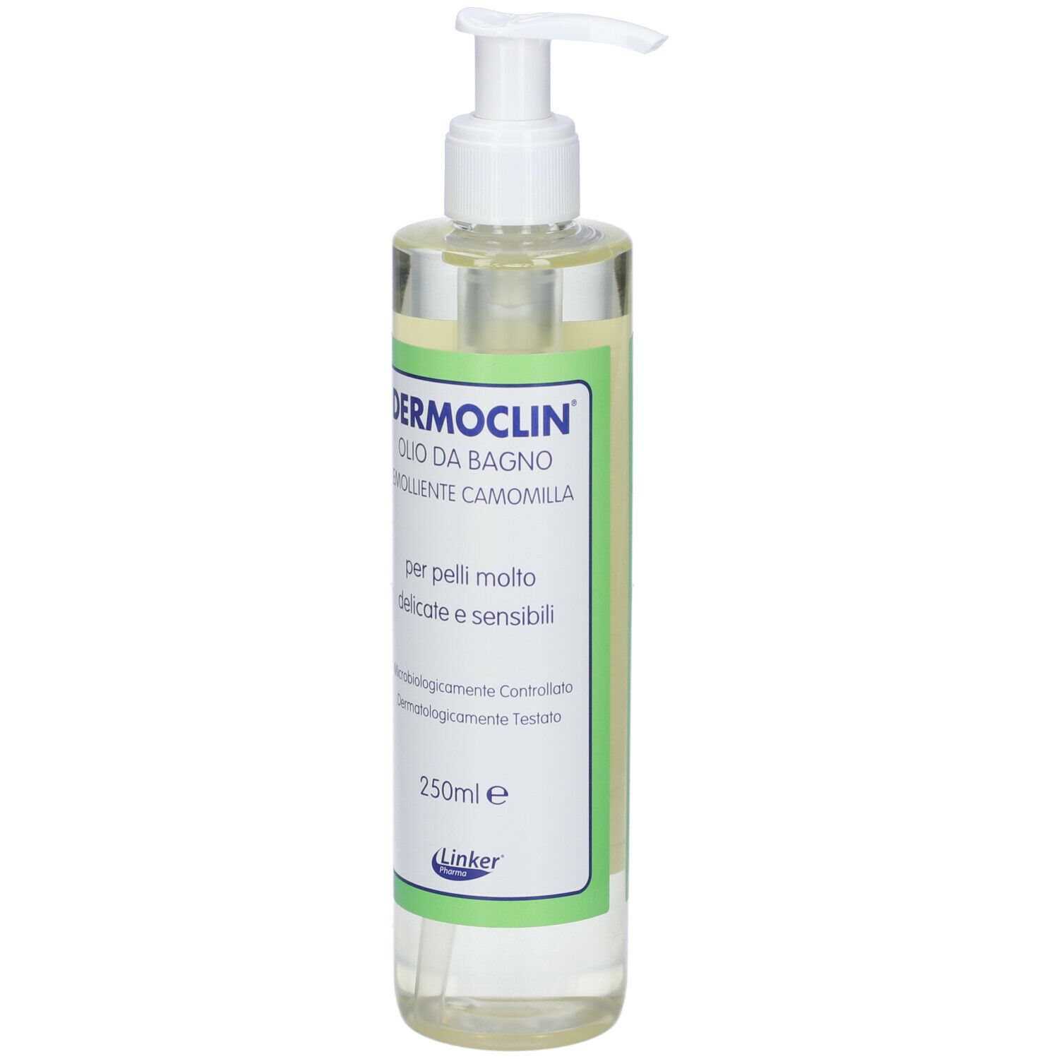 Prodotto liquido trasparente in flacone con dosatore. Scritta: Dermoclin Olio Bagno Camomilla.