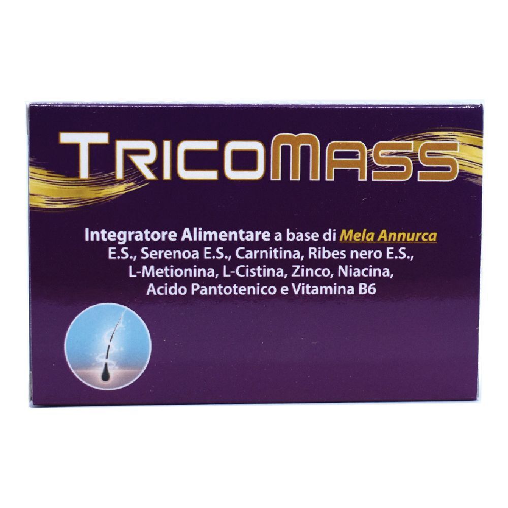Scatola viola scuro con scritta TRICOMASS dorata. Testo: Integratore Alimentare. Ingredienti.