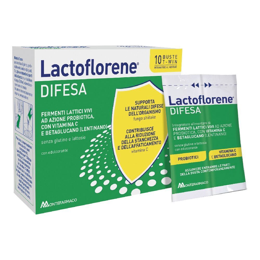 Scatola e bustina Lactoflorene DIFESA. Scritta: Fermenti Lattici Vivi, Vitamina C, Betaglucano. 10 bustine.