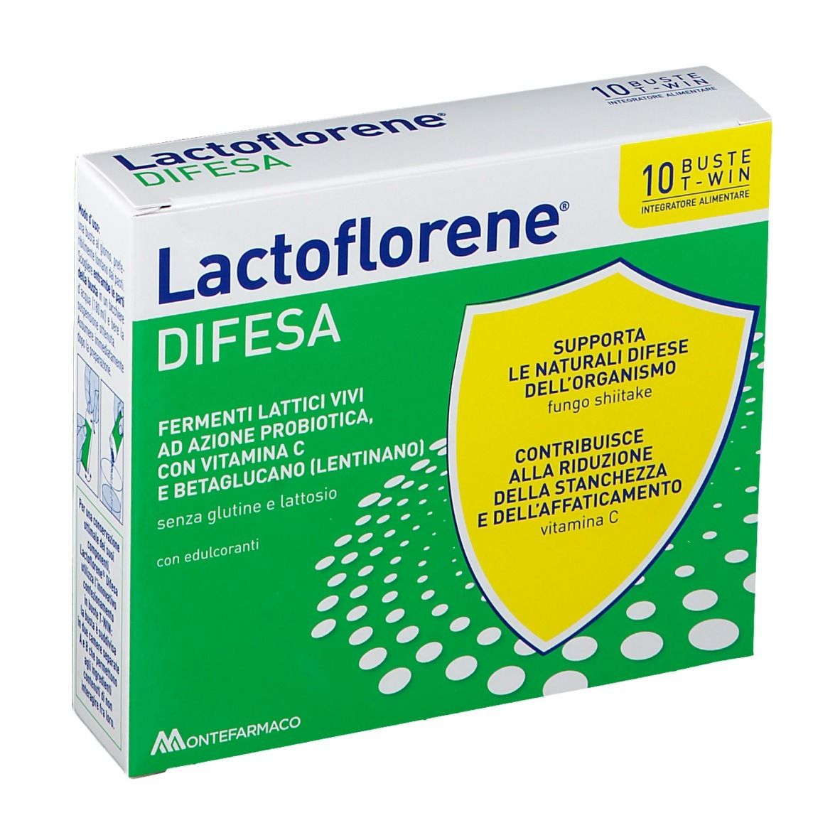 Scatola Lactoflorene DIFESA. Scritta: Fermenti Lattici Vivi, Vitamina C, Betaglucano. 10 bustine. Colori verde e bianco.