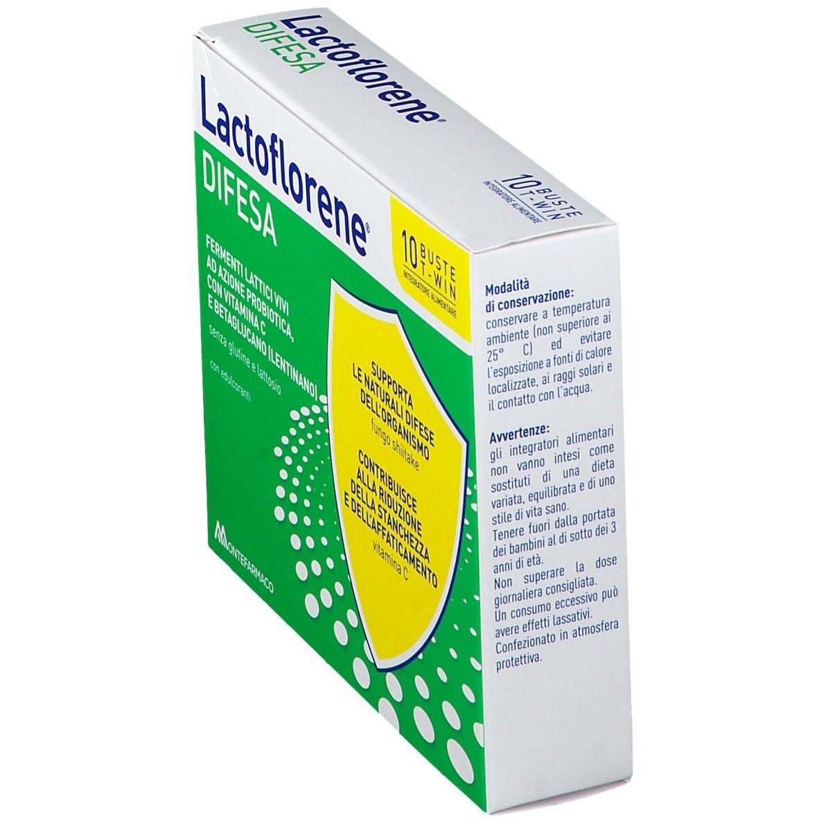 Scatola Lactoflorene DIFESA, in diagonale. Scritta: Fermenti Lattici Vivi, Vitamina C, Betaglucano. 10 bustine. Verde e bianco.