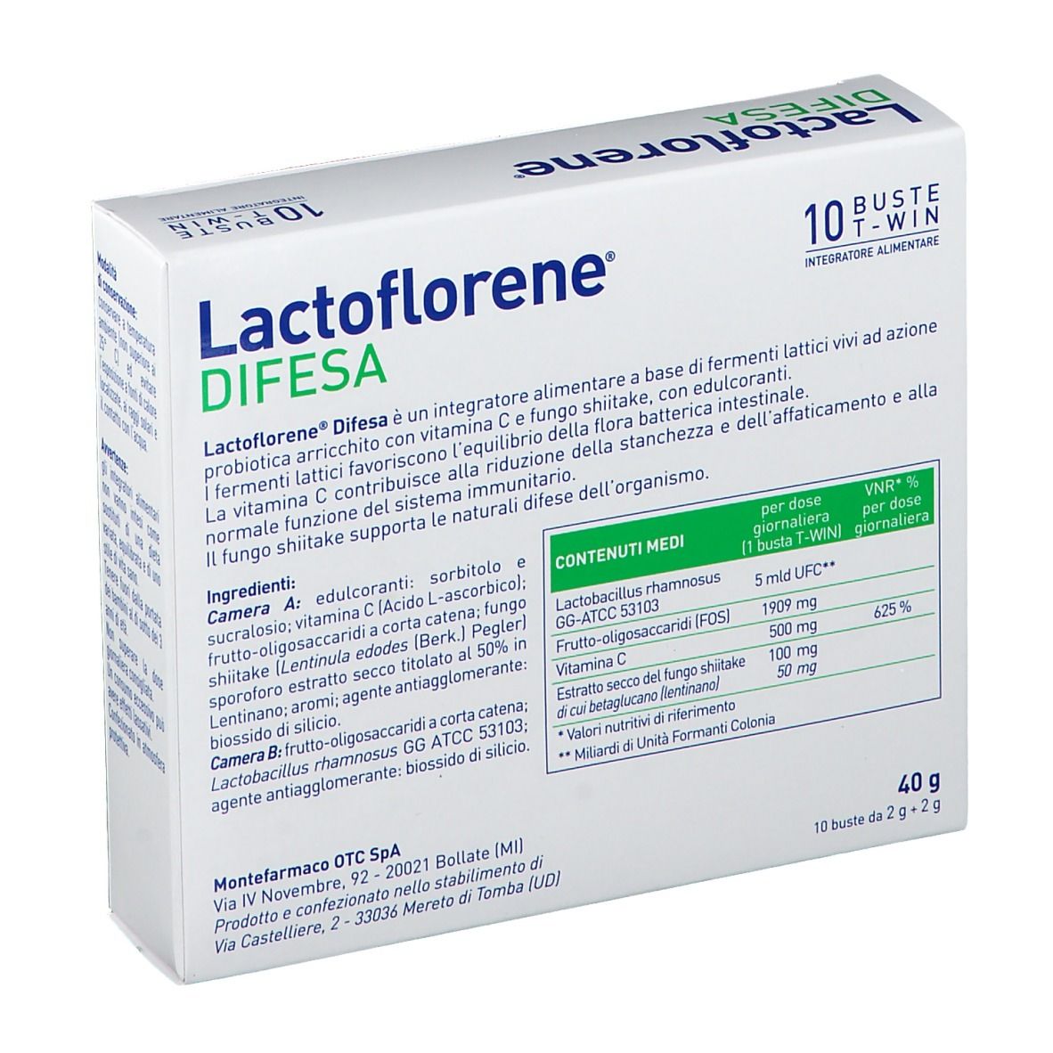 Scatola Lactoflorene DIFESA. Scritta: Fermenti Lattici Vivi, Vitamina C, Betaglucano. Ingredienti e informazioni nutrizionali.