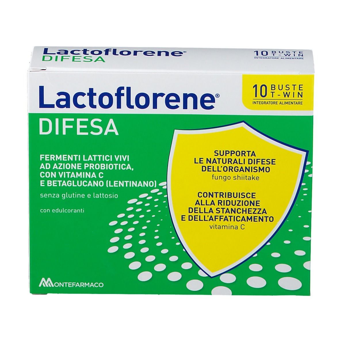 Scatola Lactoflorene DIFESA. Scritta: Fermenti Lattici Vivi, Vitamina C, Betaglucano. 10 bustine. Colori verde e bianco.
