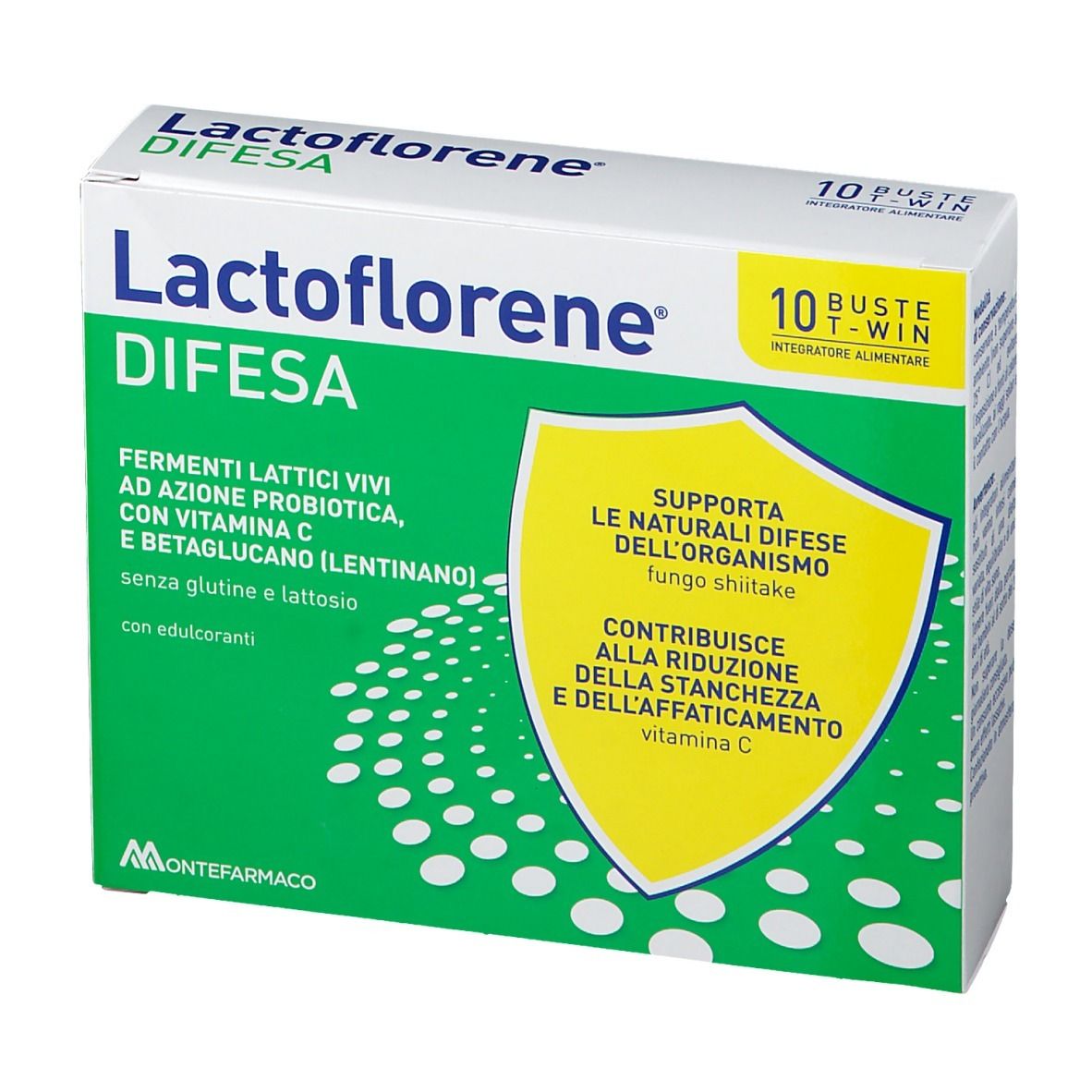 Scatola Lactoflorene DIFESA. Scritta: Fermenti Lattici Vivi, Vitamina C, Betaglucano. 10 bustine. Colori verde e bianco.