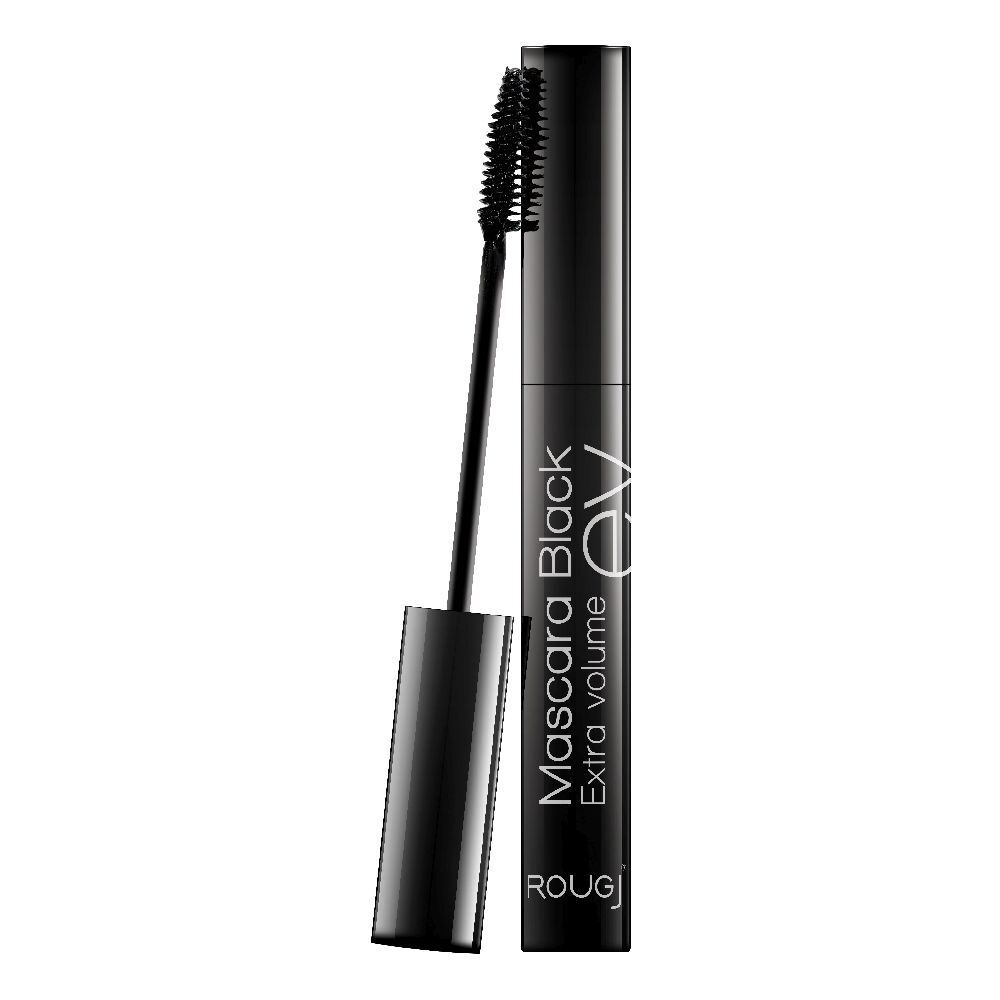 Mascara nero con spazzola. Scritta: Mascara Black Extra Volume. Marchio: ROUGJ.