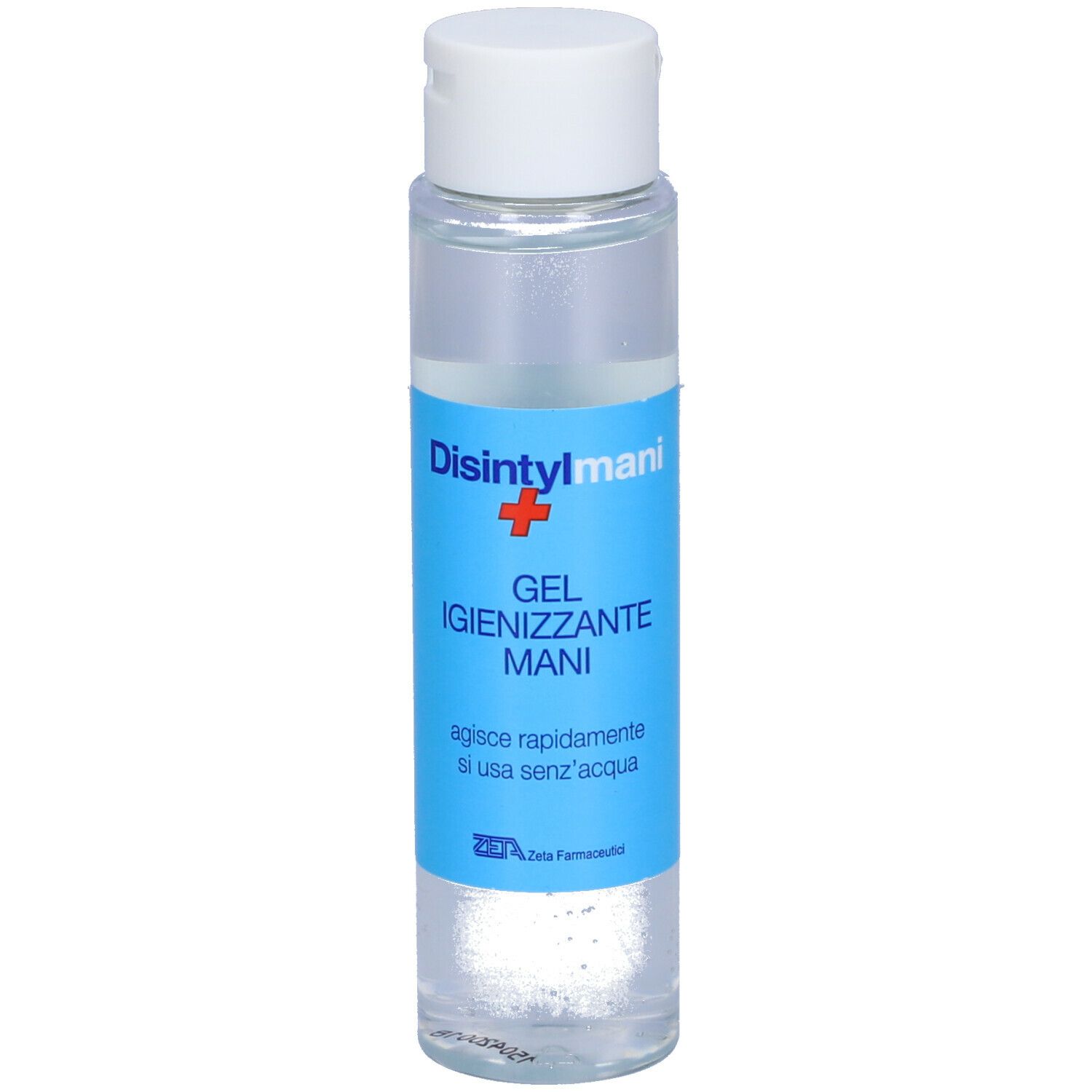 Flacone trasparente con tappo bianco. Scritta: Disintyl mani, Gel Igienizzante Mani. Etichetta blu.