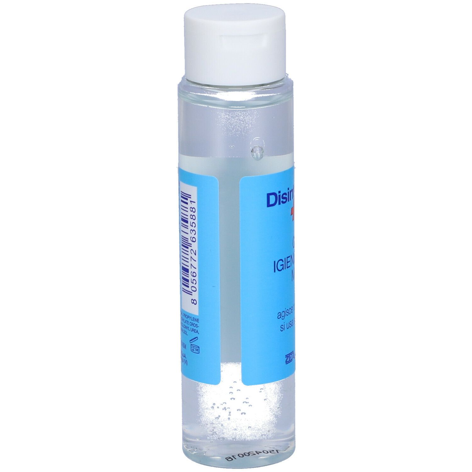 Flacone trasparente con tappo bianco. Retro con codice a barre e testo. Etichetta blu.