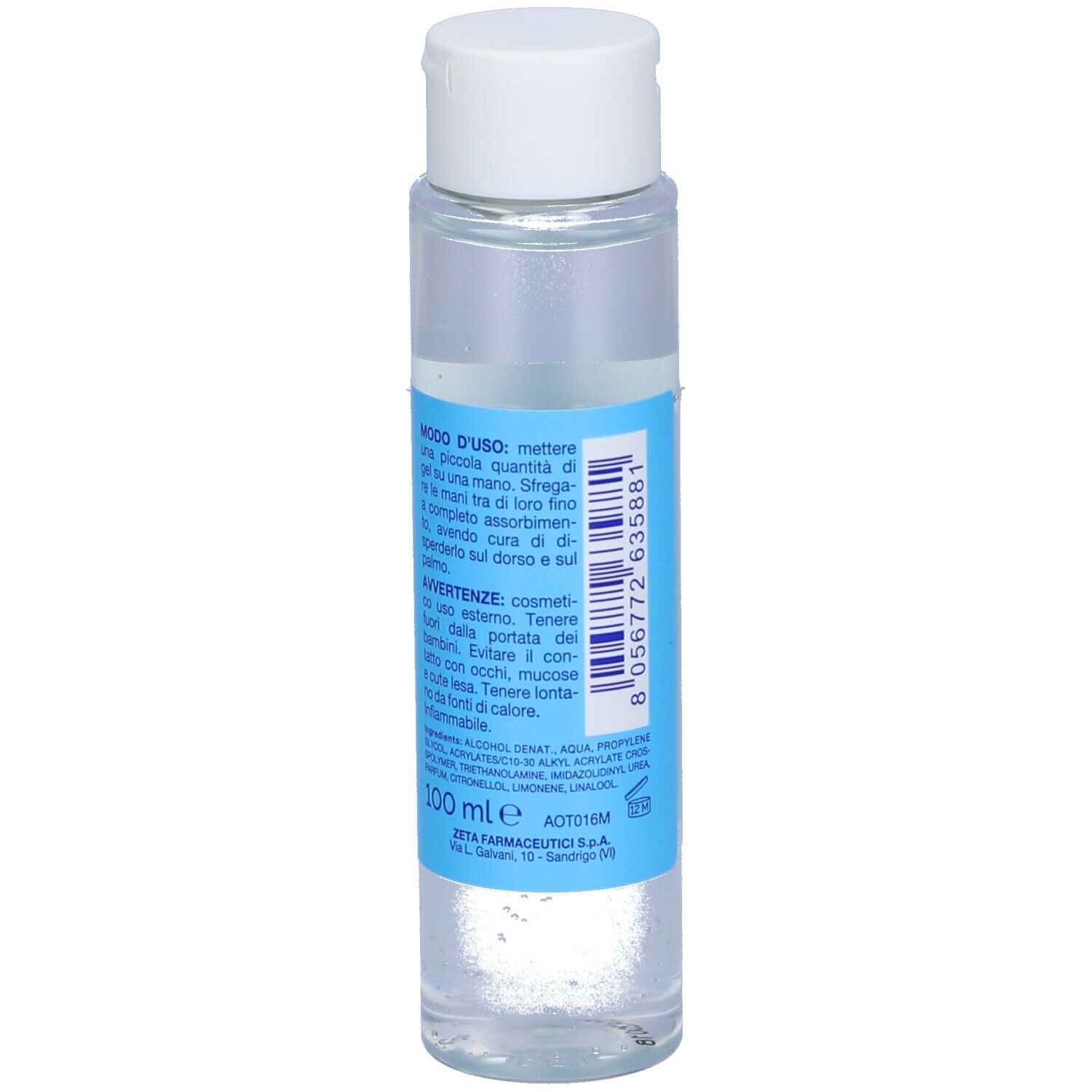 Flacone trasparente con tappo bianco. Retro con testo. Etichetta blu.
