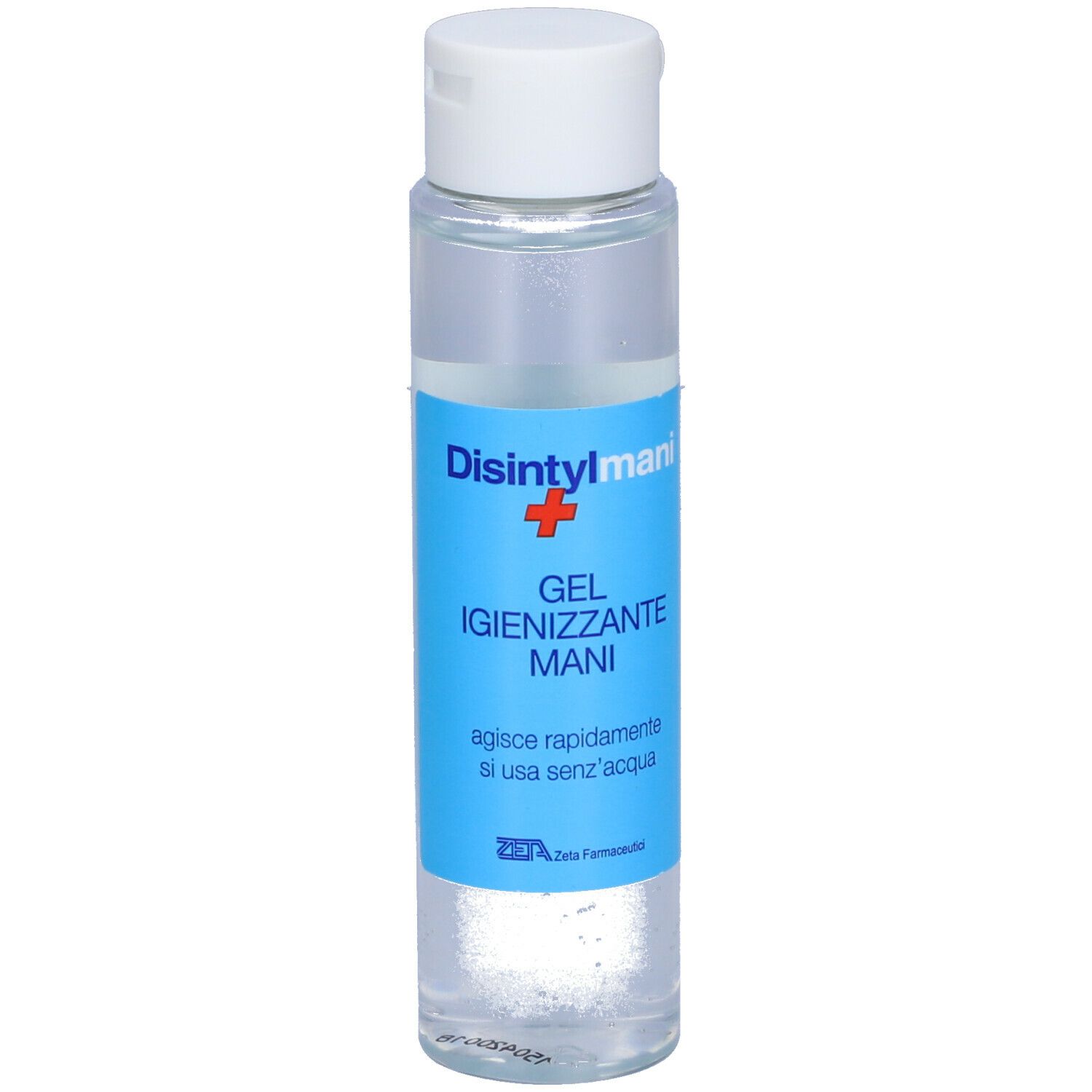 Flacone trasparente con tappo bianco. Scritta: Disintyl mani, Gel Igienizzante Mani. Etichetta blu.