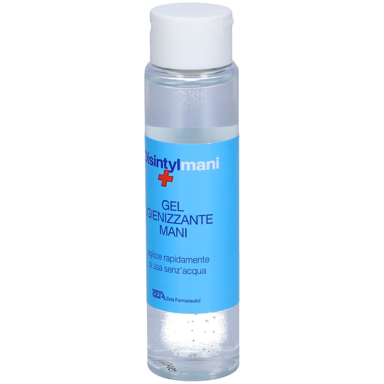 Flacone trasparente con tappo bianco. Scritta: Disintyl mani, Gel Igienizzante Mani. Etichetta blu.