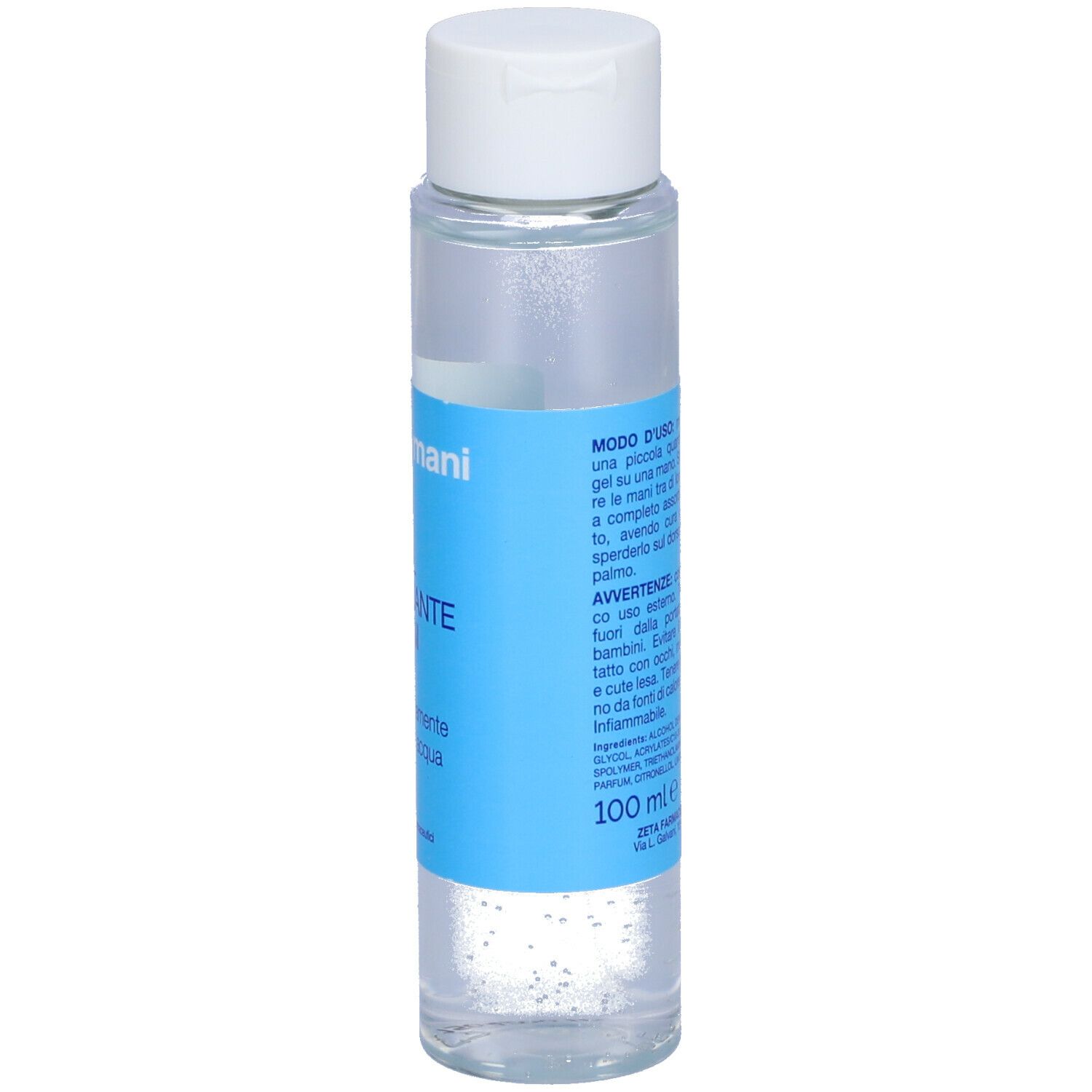 Flacone trasparente con tappo bianco. Retro con testo. Etichetta blu.