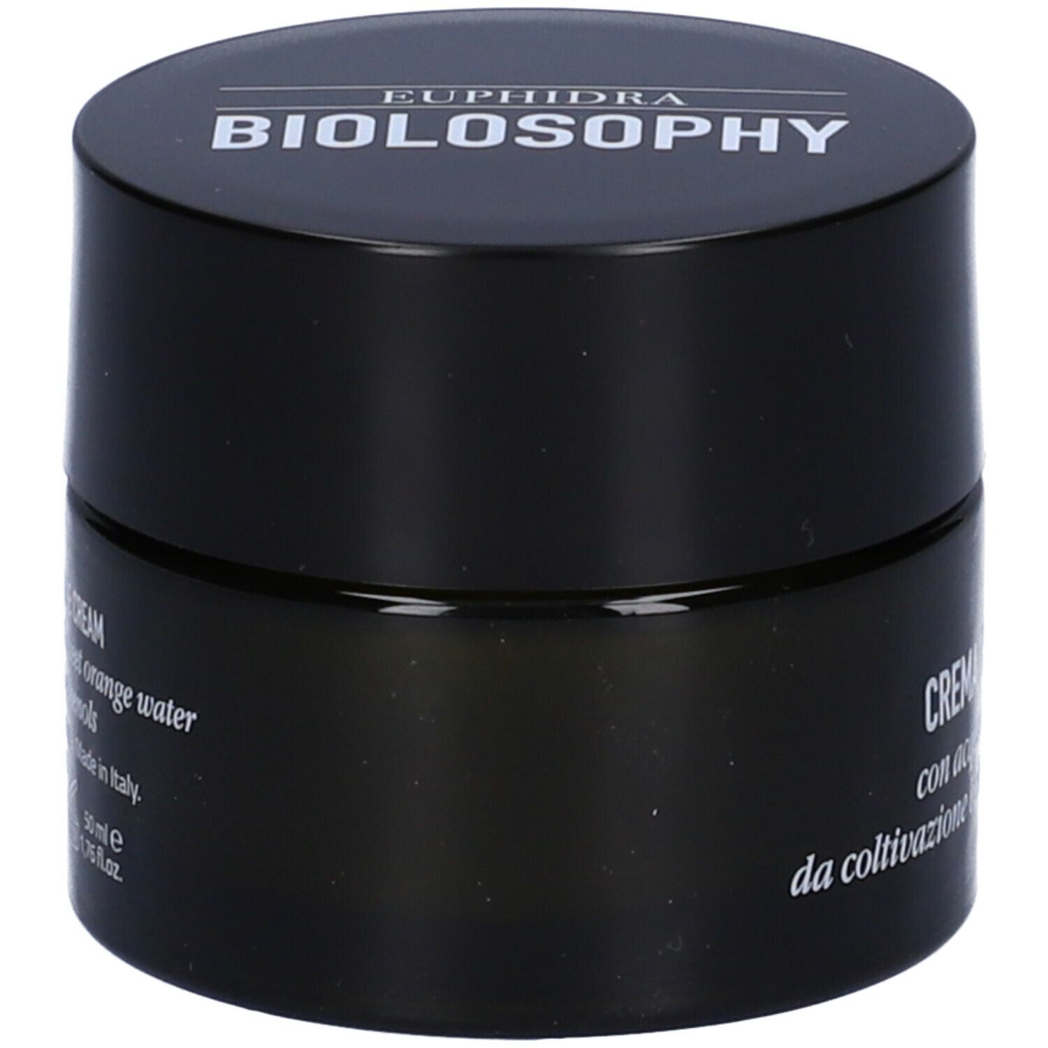 Vaso nero con coperchio. Scritta: CREMA, con ingredienti. Marchio: Euphidra Biolosophy.