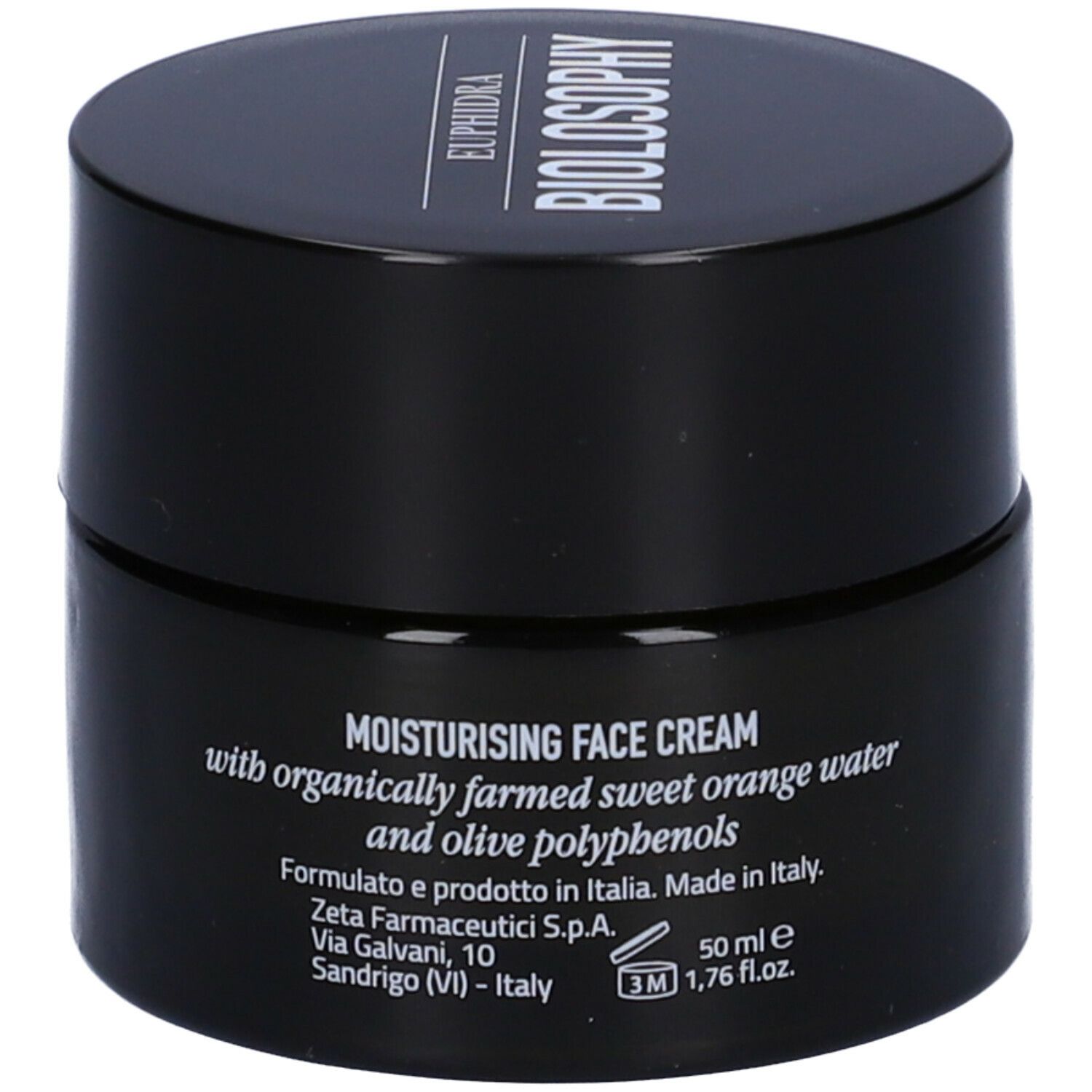 Vaso nero con coperchio. Scritta: MOISTURISING FACE CREAM, con ingredienti. Marchio: Euphidra Biolosophy.