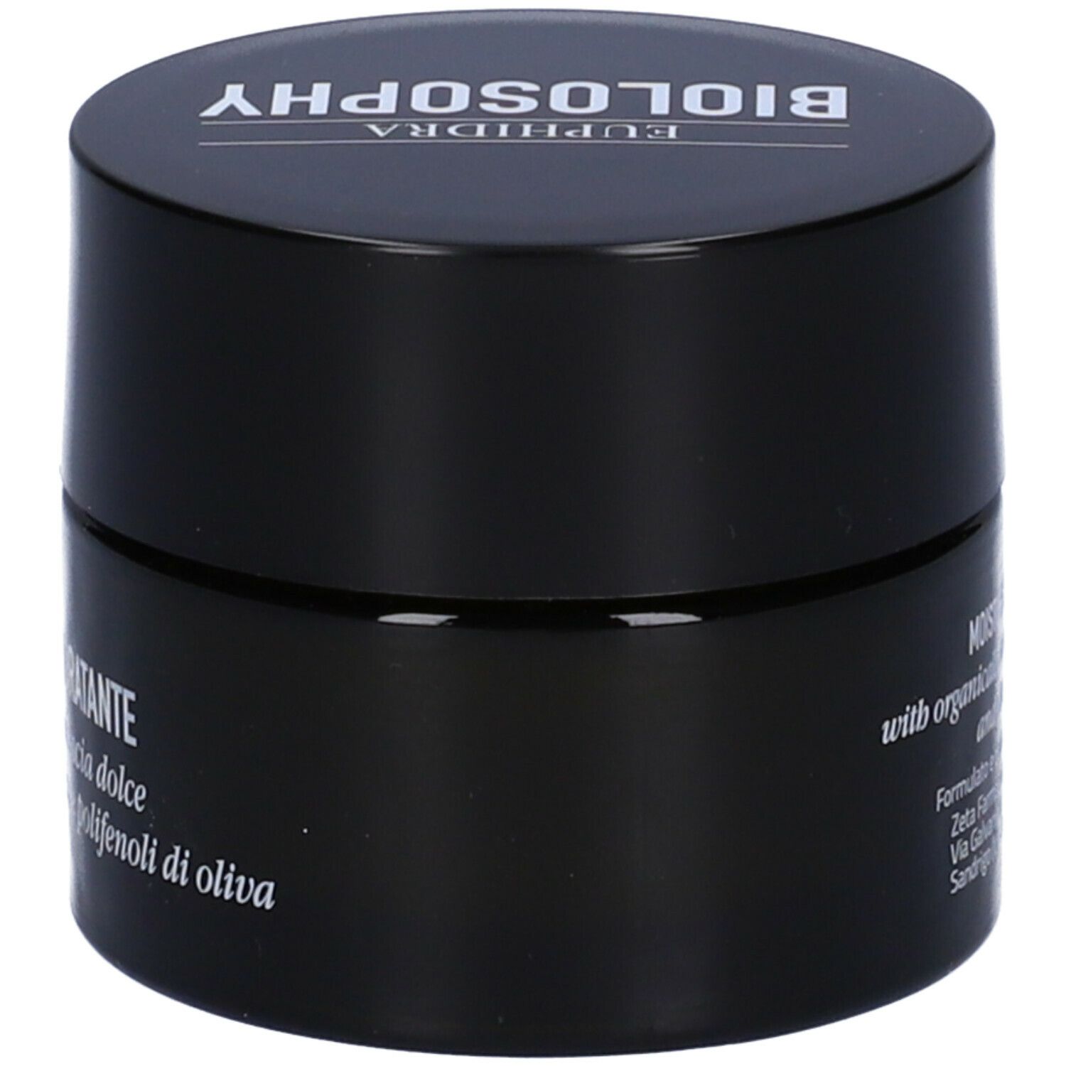 Vaso nero con coperchio. Scritta: MOISTURISING, con ingredienti. Marchio: Euphidra Biolosophy.