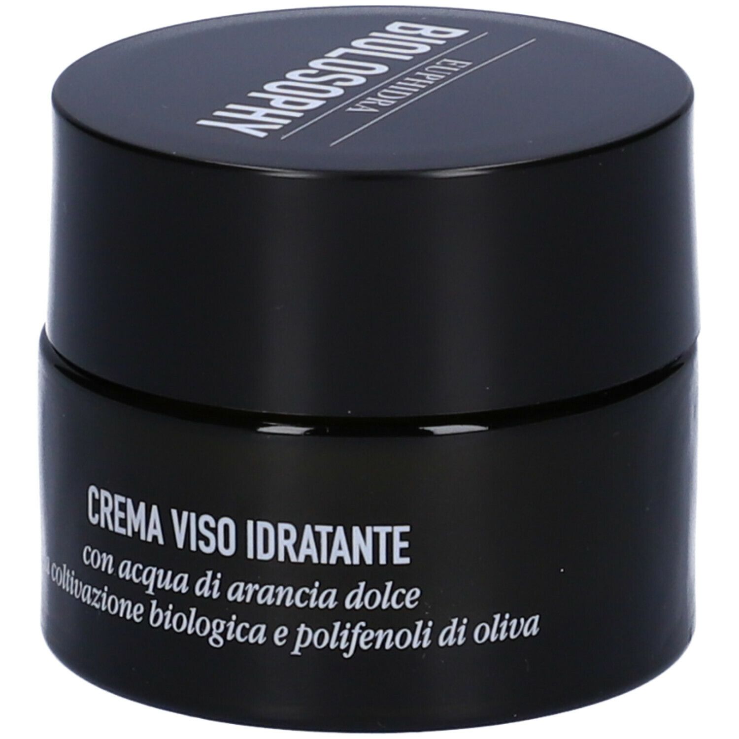 Vaso nero con coperchio. Scritta: CREMA VISO IDRATANTE, con ingredienti. Marchio: Euphidra Biolosophy.