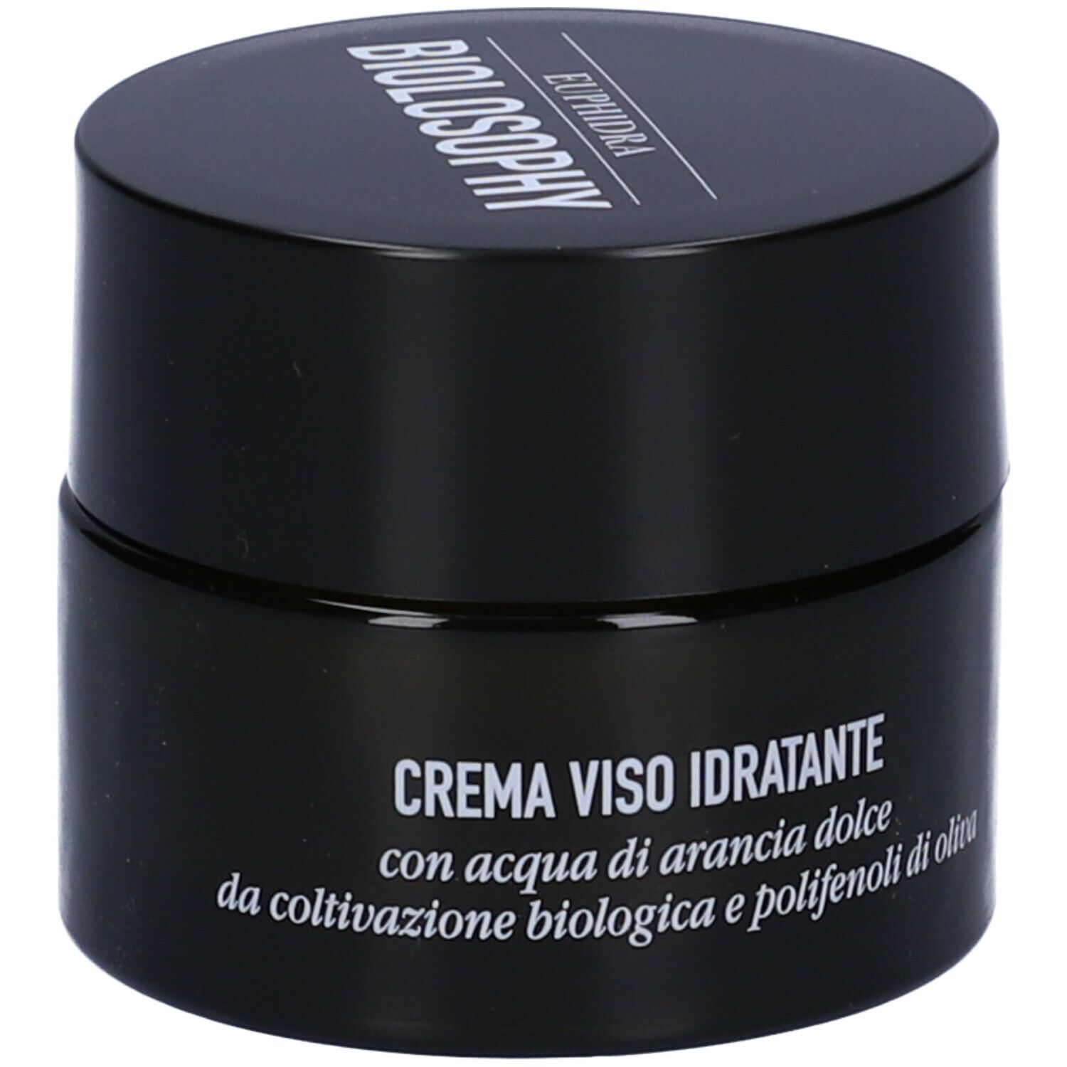 Vaso nero con coperchio. Scritta: CREMA VISO IDRATANTE, con ingredienti. Marchio: Euphidra Biolosophy.