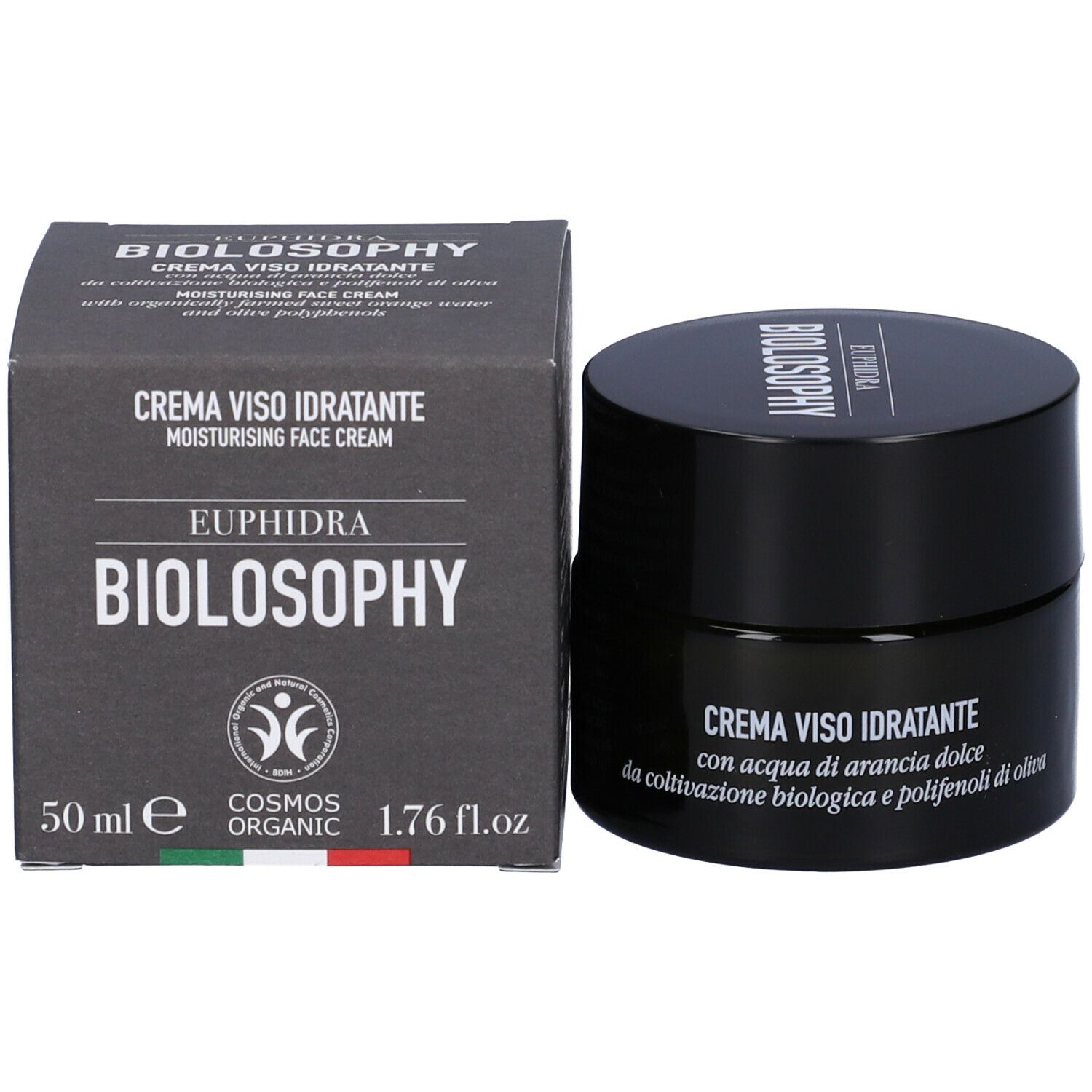 Vaso nero e confezione. Scritta: CREMA VISO IDRATANTE, con ingredienti. Marchio: Euphidra Biolosophy. COSMOS ORGANIC.