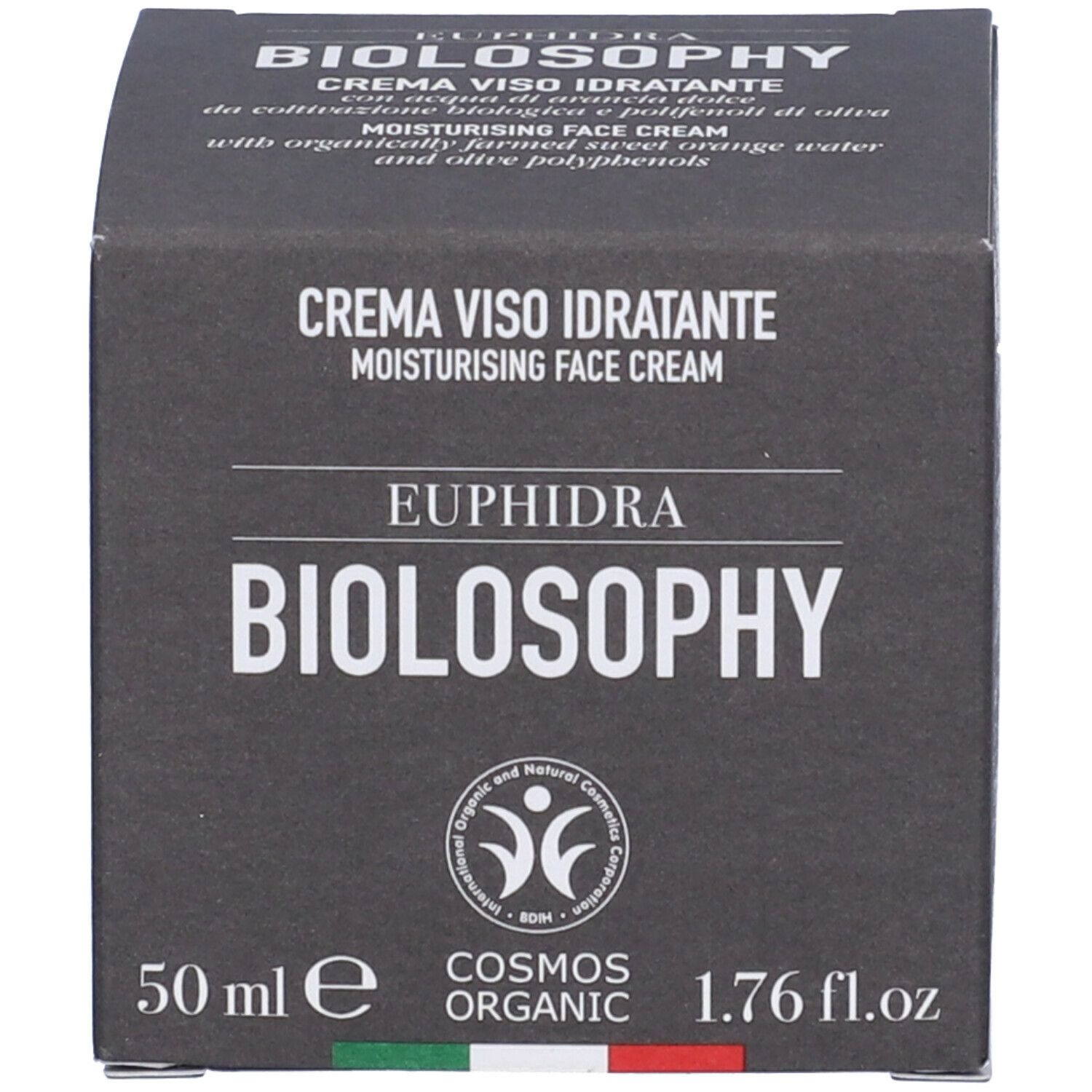 Confezione. Scritta: CREMA VISO IDRATANTE, con ingredienti. Marchio: Euphidra Biolosophy. COSMOS ORGANIC.