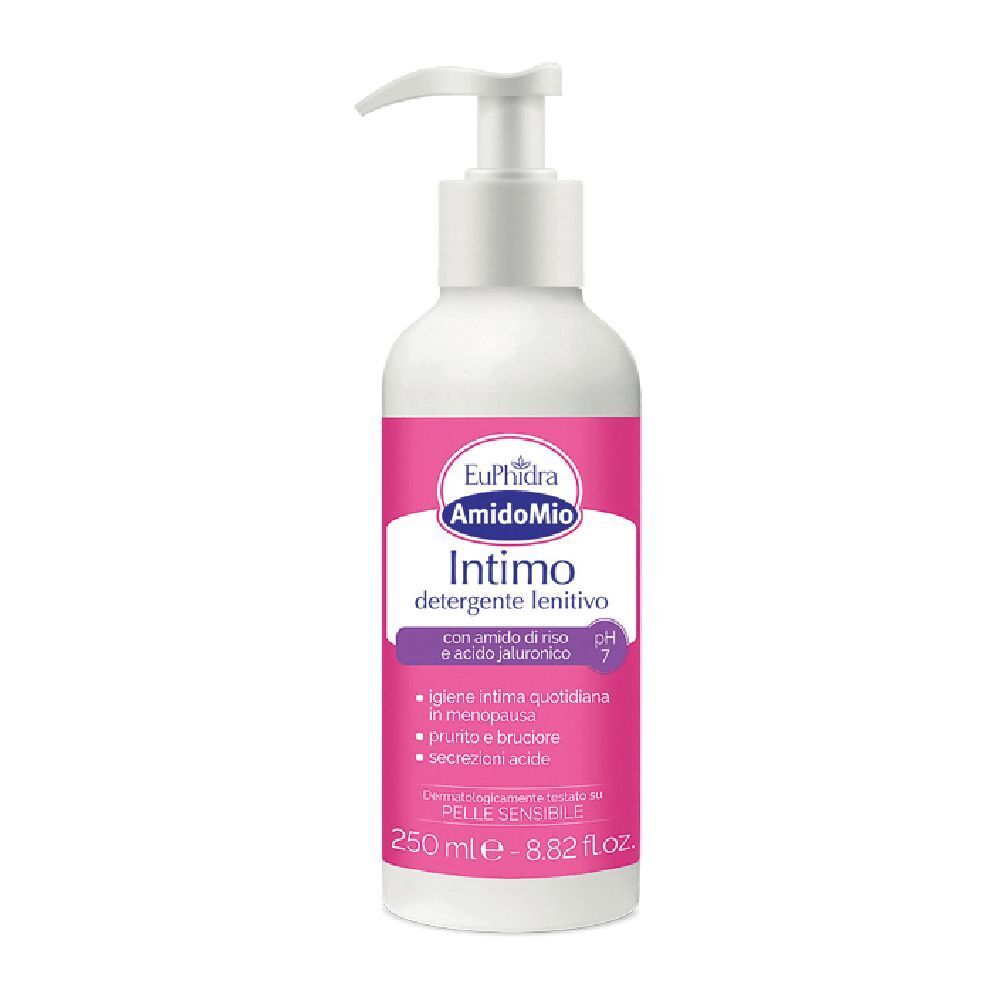 Weiße Flasche mit rosa Etikett. Aufschrift: Intimo detergente lenitivo. Mit Pumpe. pH 7. 250 ml.