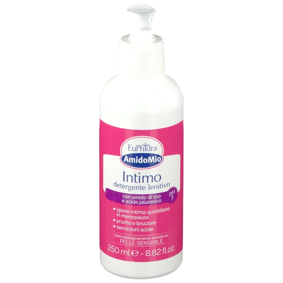 Weiße Flasche mit rosa Etikett. Aufschrift: Intimo detergente lenitivo. Mit Pumpe. pH 7. 250 ml.