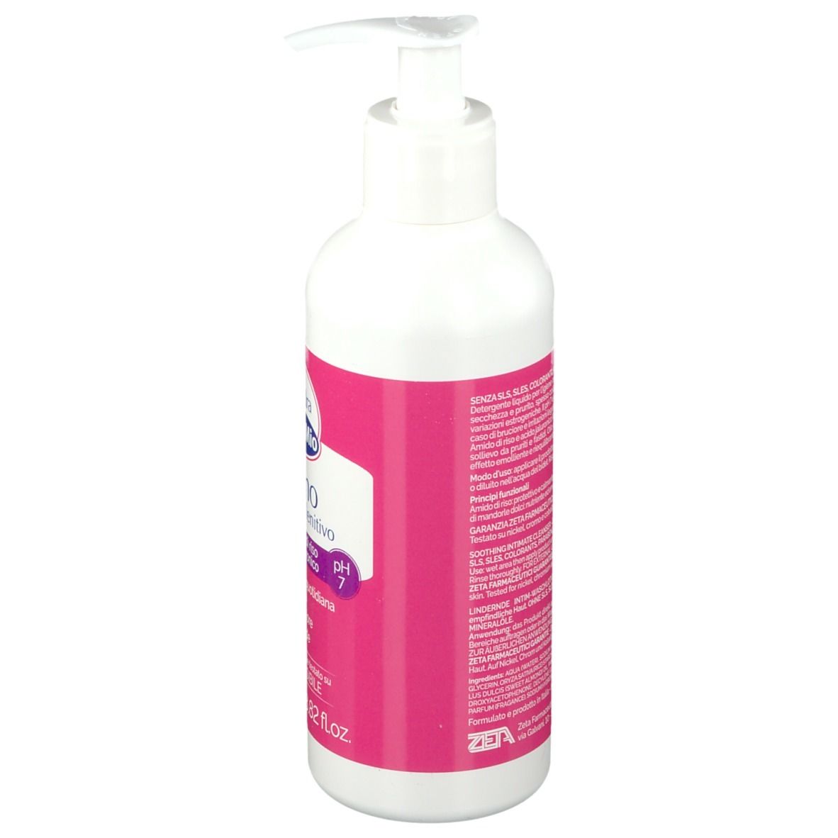 Weiße Flasche mit rosa Etikett. Aufschrift: Intimo detergente lenitivo. Mit Pumpe. pH 7. 250 ml.