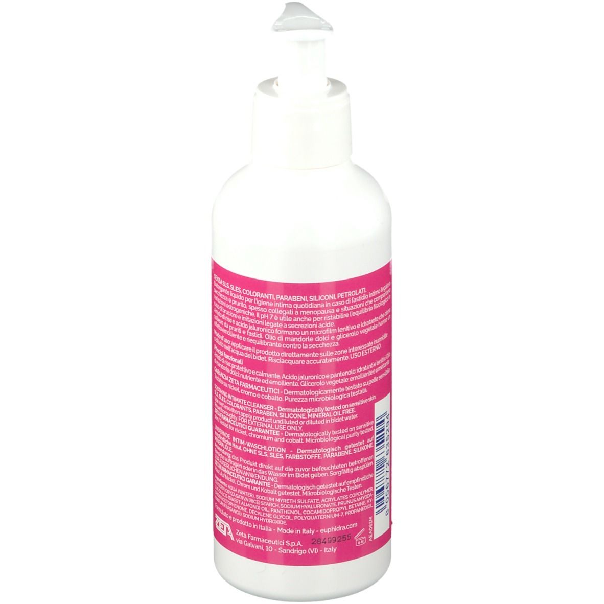 Weiße Flasche mit rosa Etikett. Aufschrift: Intimo detergente lenitivo. Mit Pumpe. pH 7. 250 ml.