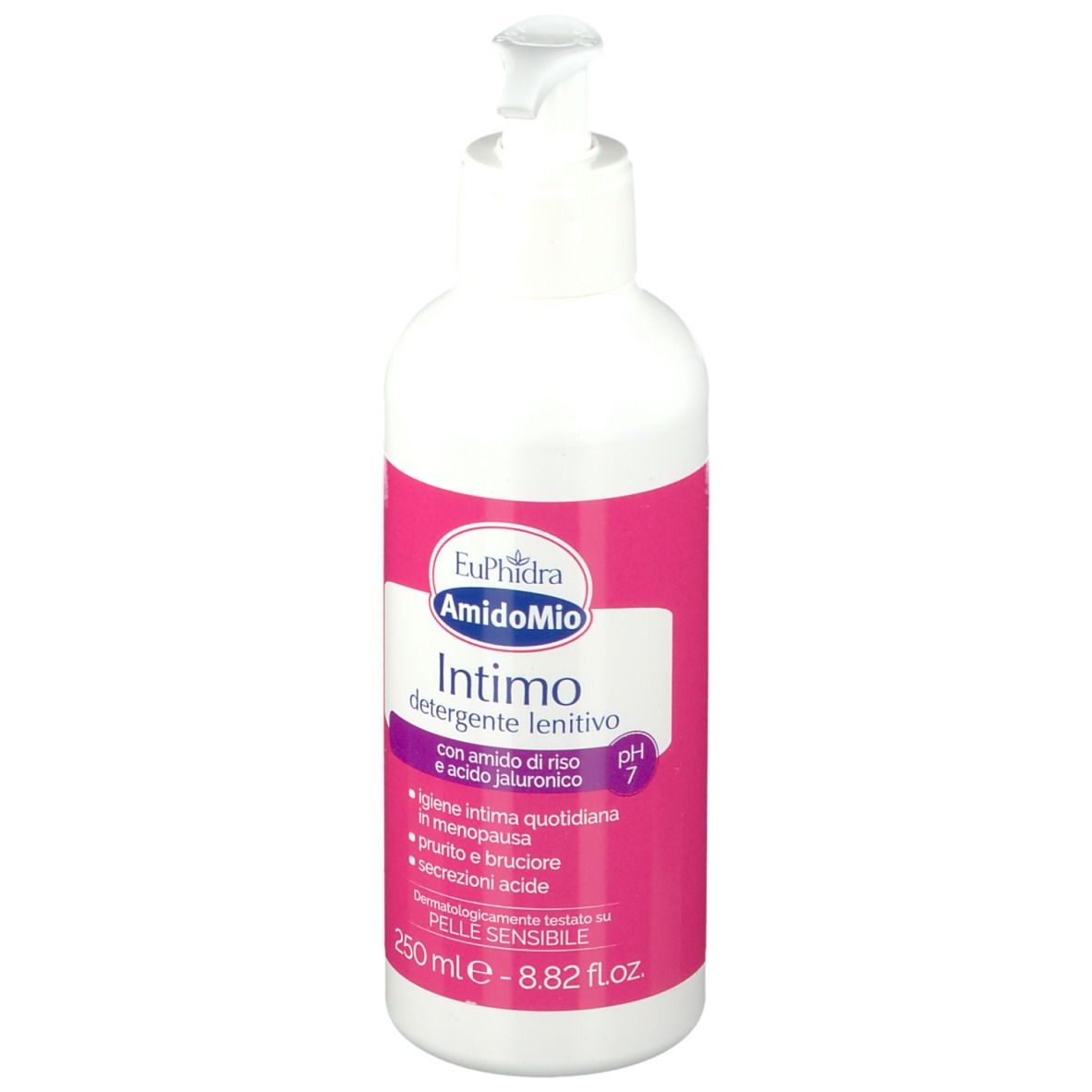 Weiße Flasche mit rosa Etikett. Aufschrift: Intimo detergente lenitivo. Mit Pumpe. pH 7. 250 ml.