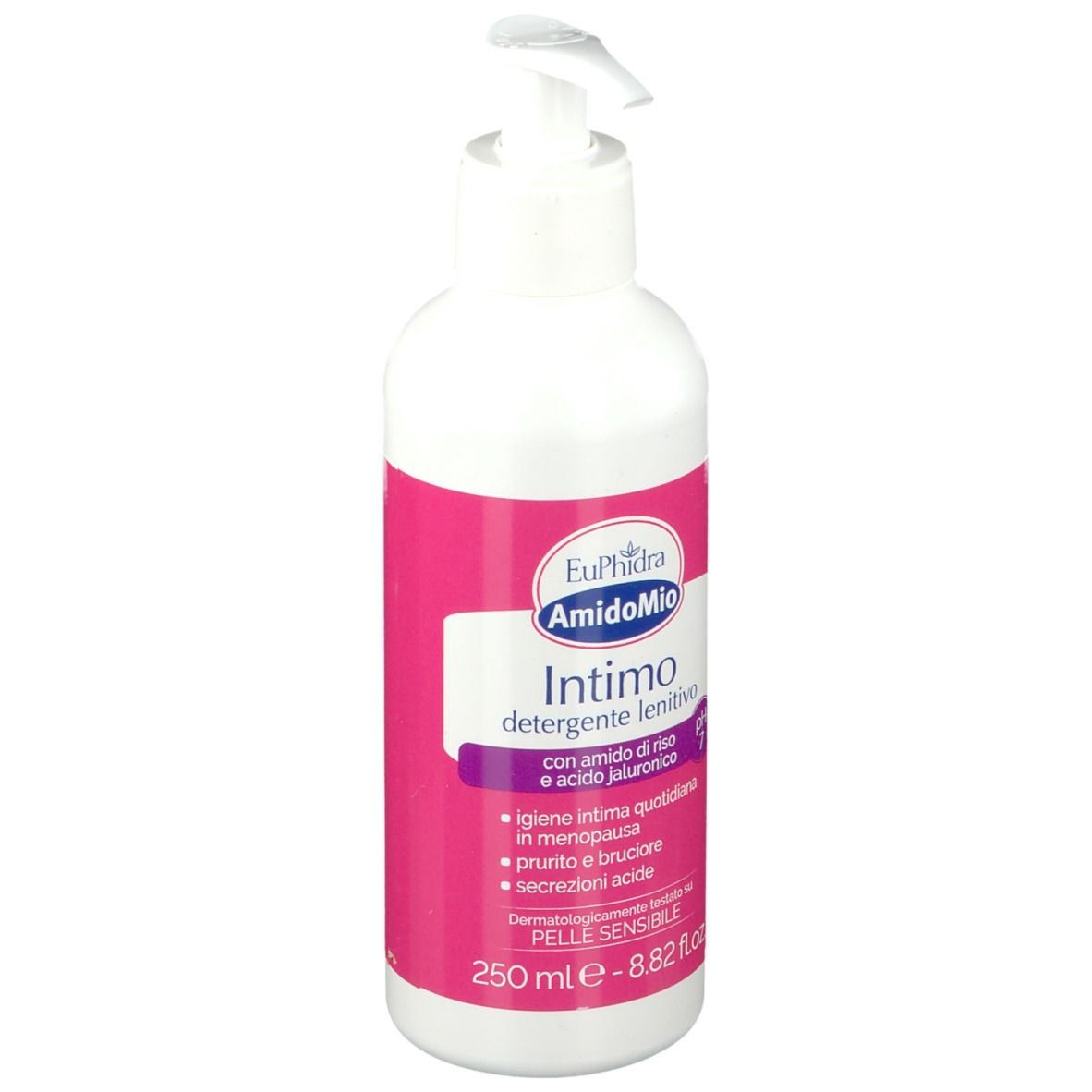 Weiße Flasche mit rosa Etikett. Aufschrift: Intimo detergente lenitivo. Mit Pumpe. pH 7. 250 ml.