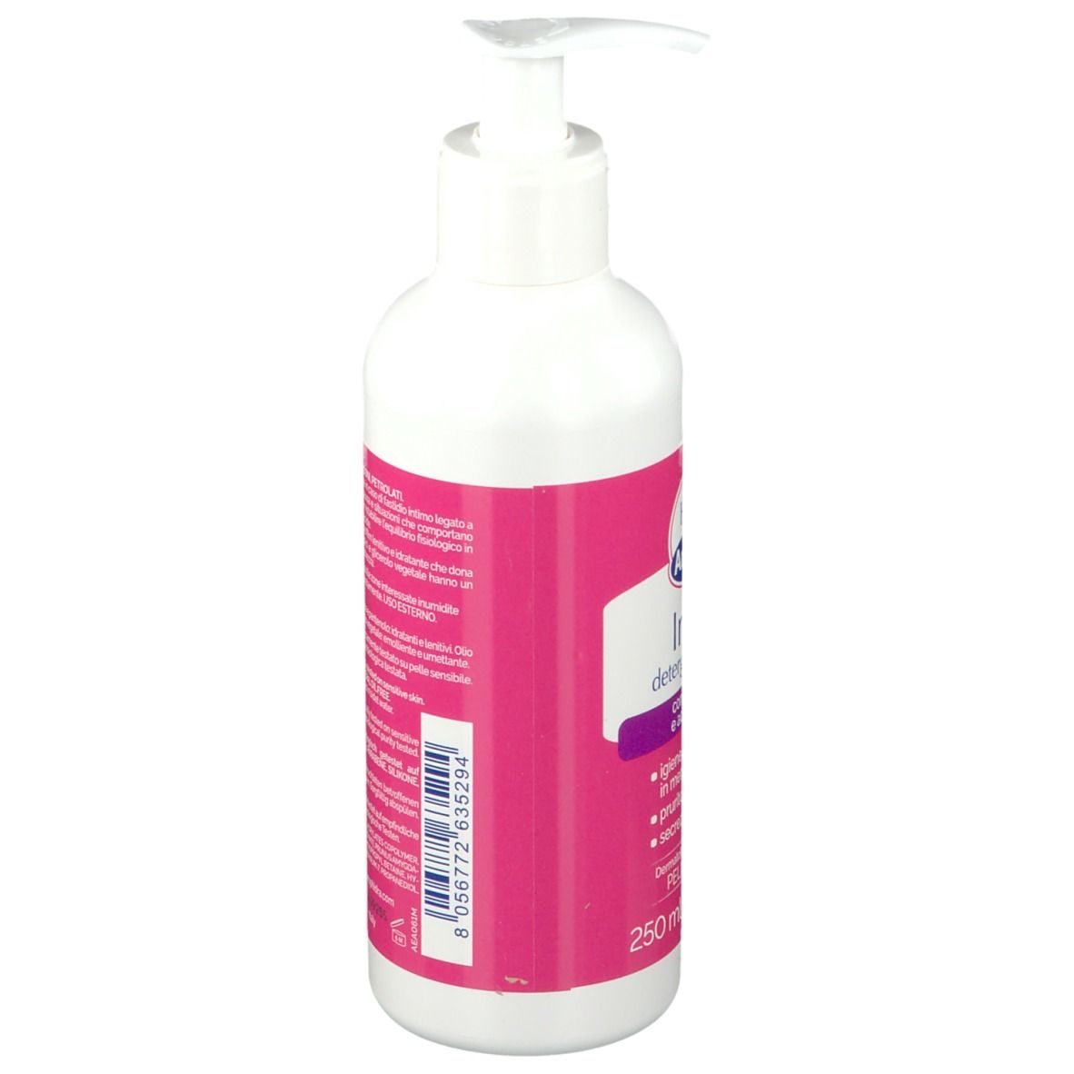 Weiße Flasche mit rosa Etikett. Aufschrift: Intimo detergente lenitivo. Mit Pumpe. pH 7. 250 ml.