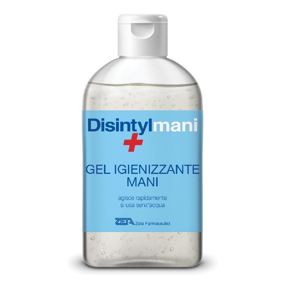 Gel désinfectant pour les mains en flacon transparent avec étiquette bleue. Nom du produit et logo visibles.