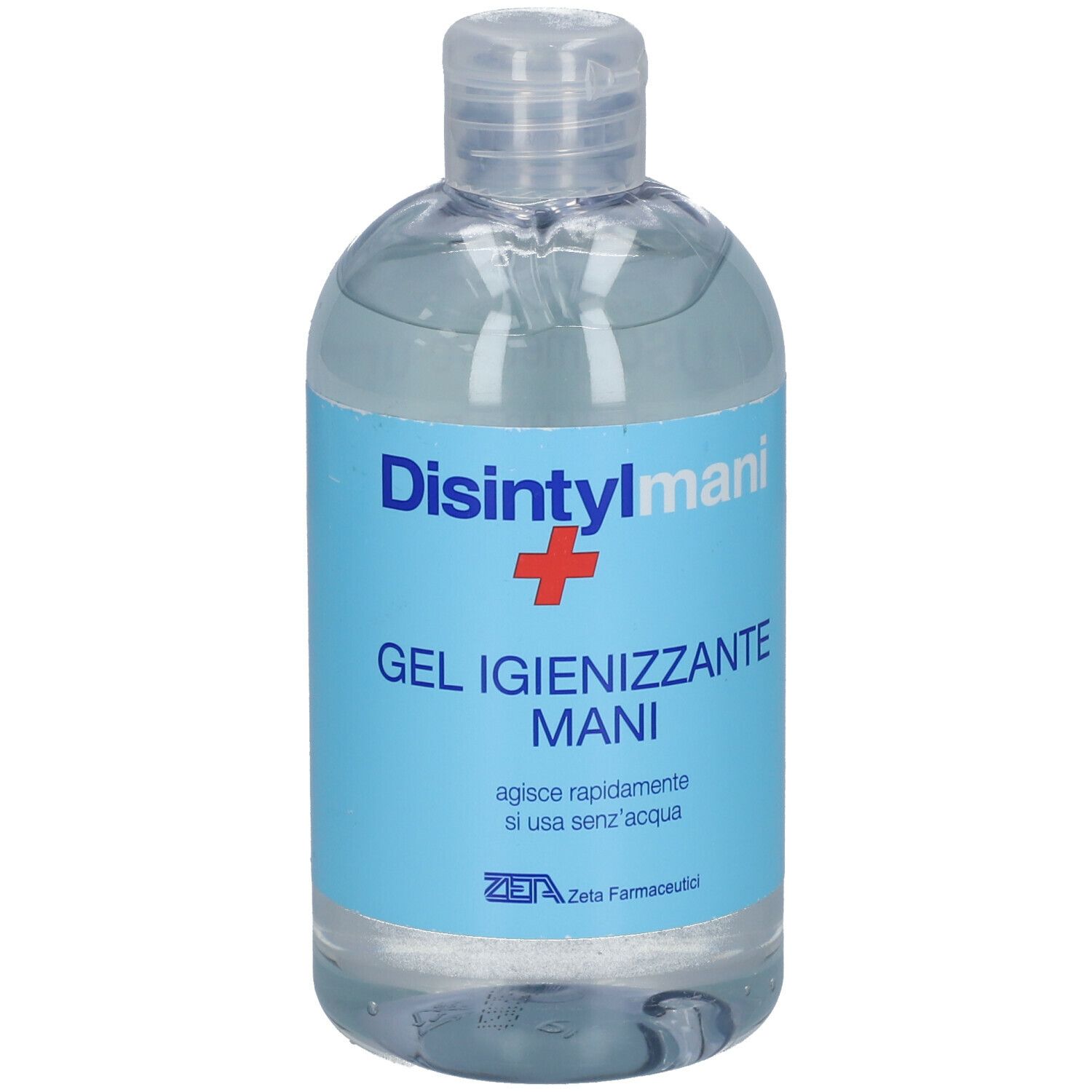 Gel désinfectant pour les mains en flacon transparent avec étiquette bleue. Nom du produit et logo visibles.