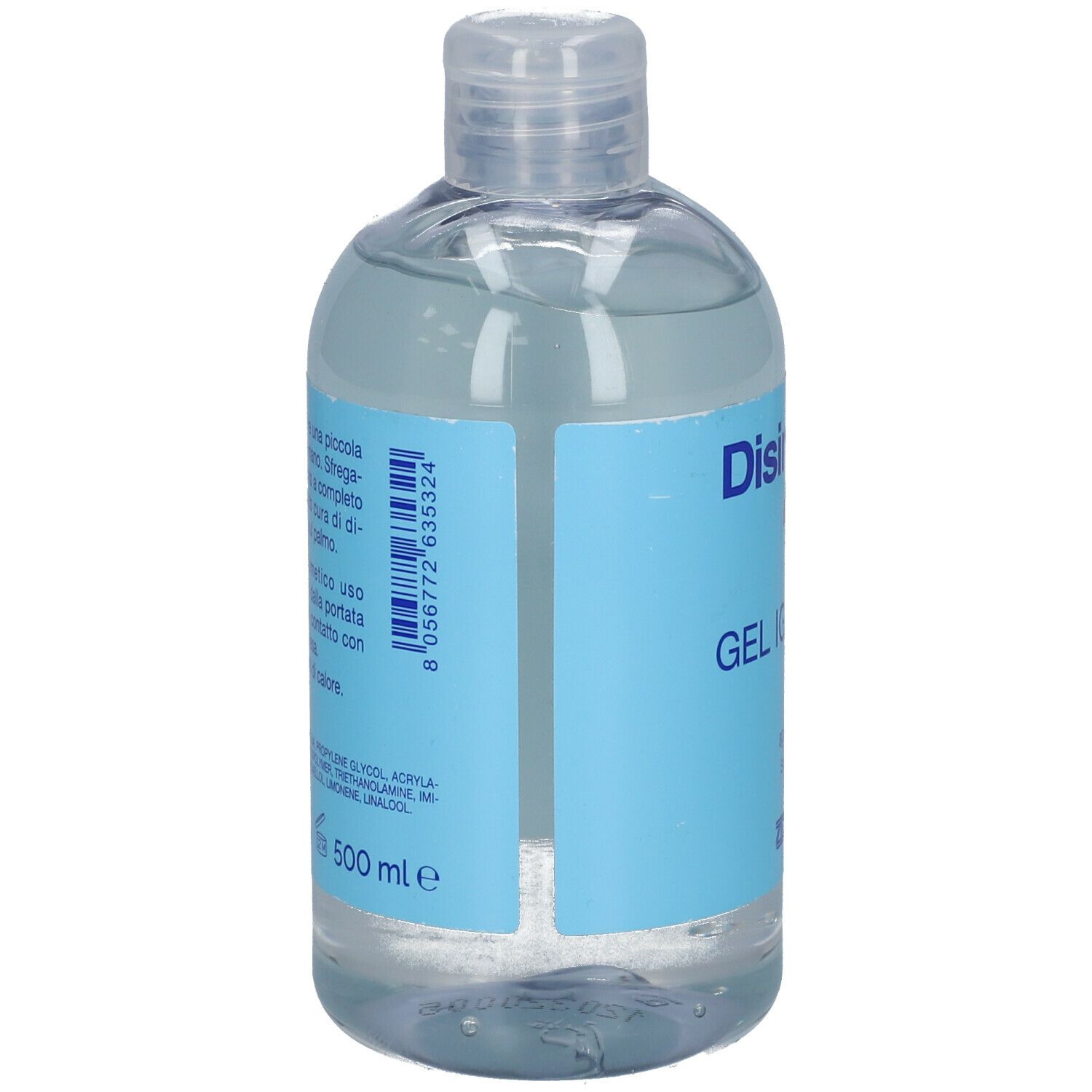 Gel désinfectant pour les mains en flacon transparent avec étiquette bleue. Nom du produit et logo visibles.