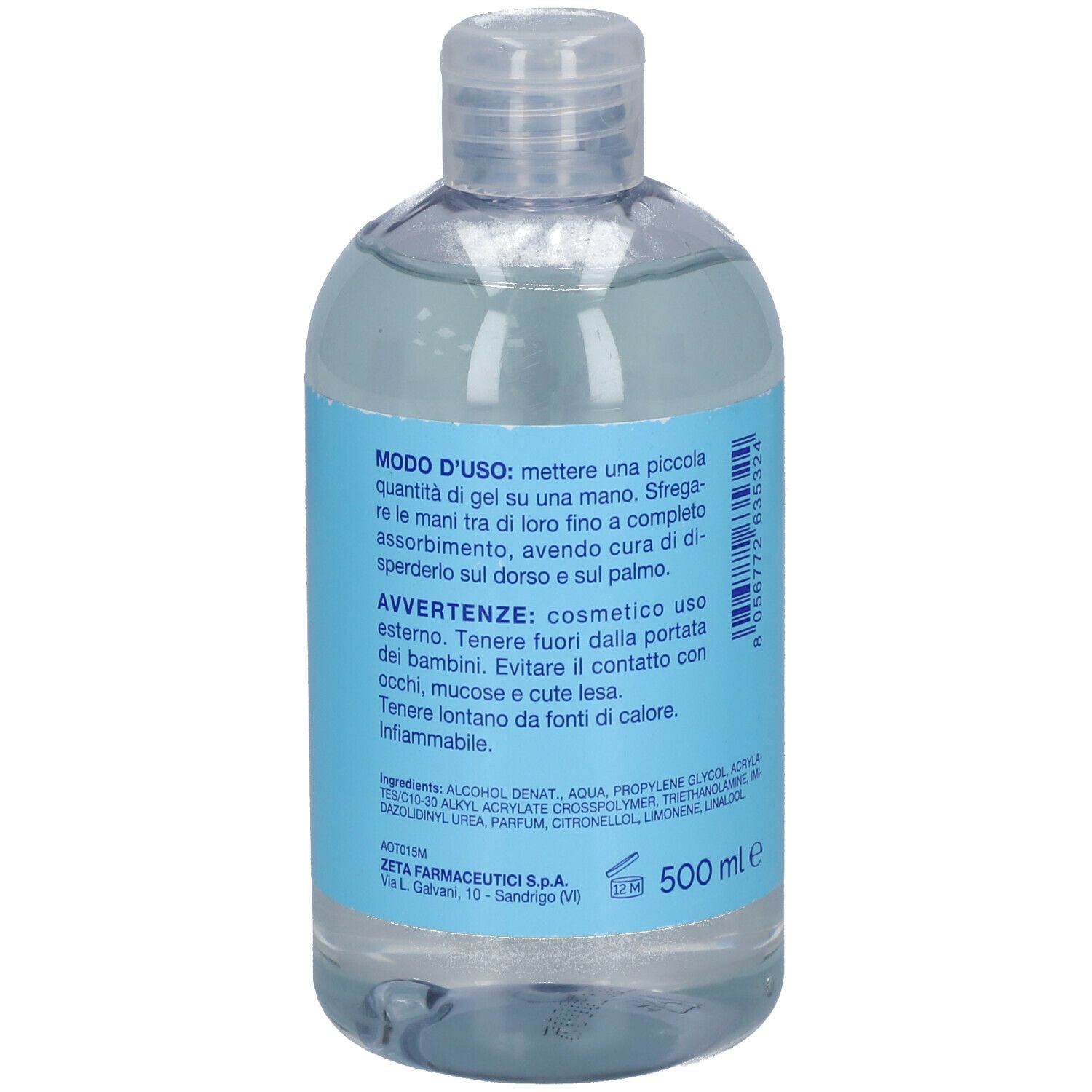 Gel désinfectant pour les mains en flacon transparent avec étiquette bleue. Nom du produit et logo visibles.