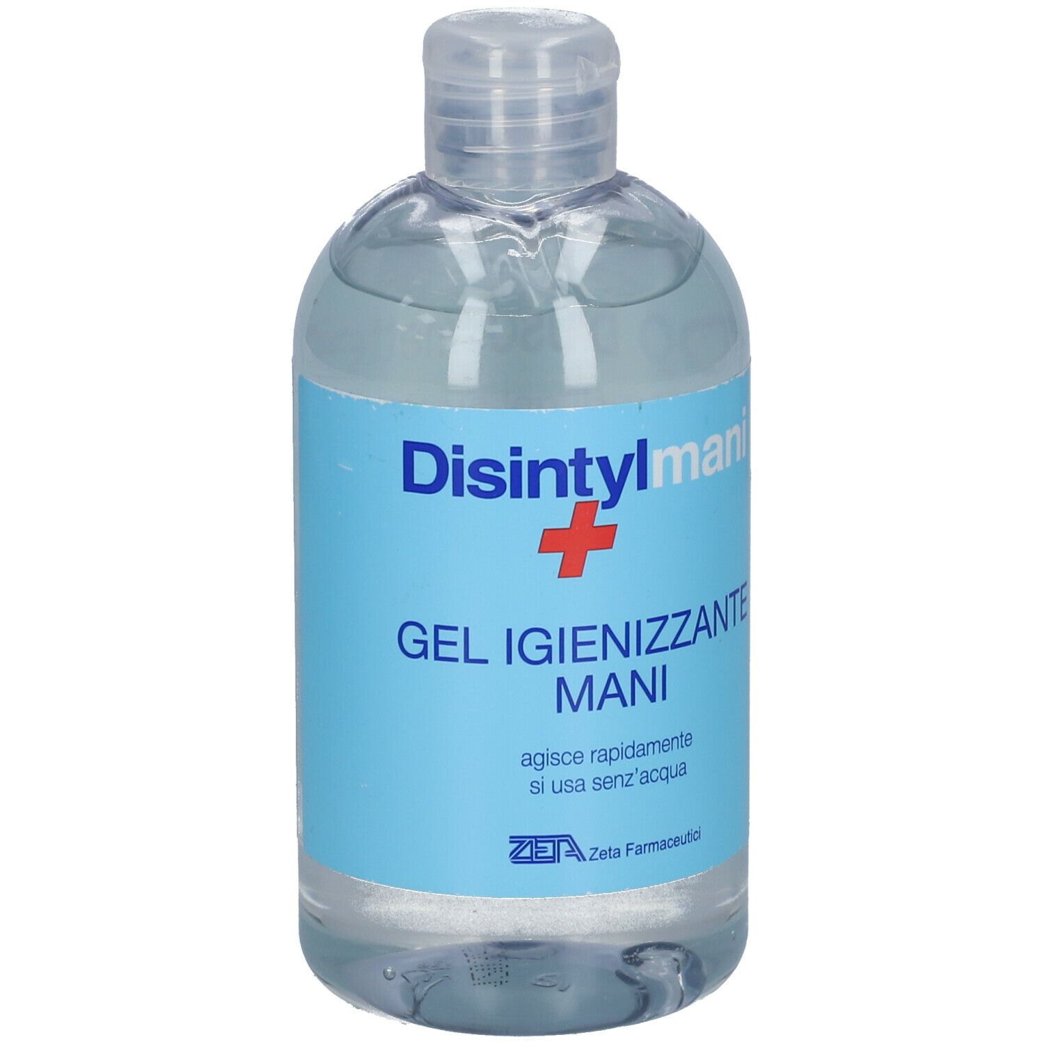 Gel désinfectant pour les mains en flacon transparent avec étiquette bleue. Nom du produit et logo visibles.