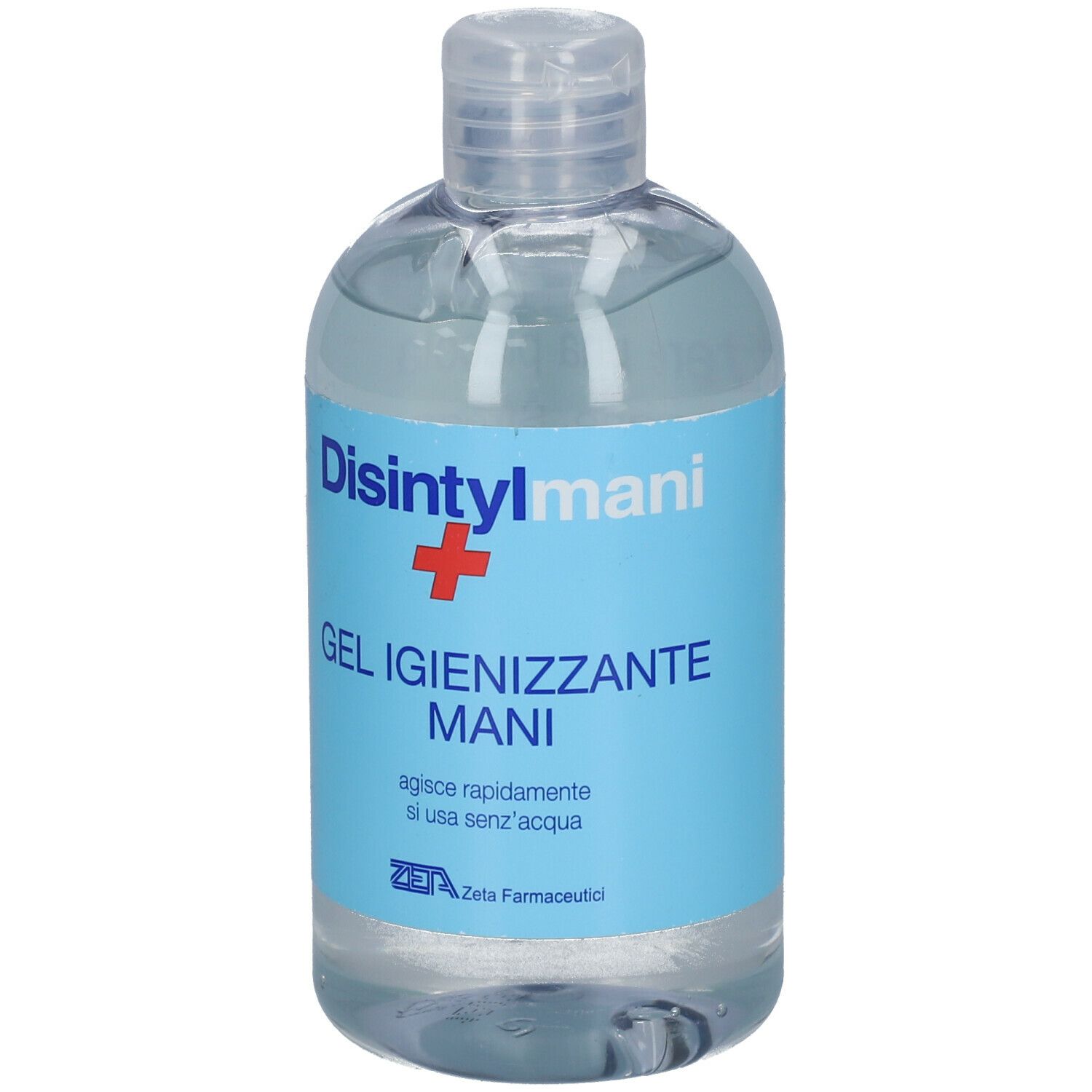 Gel désinfectant pour les mains en flacon transparent avec étiquette bleue. Nom du produit et logo visibles.