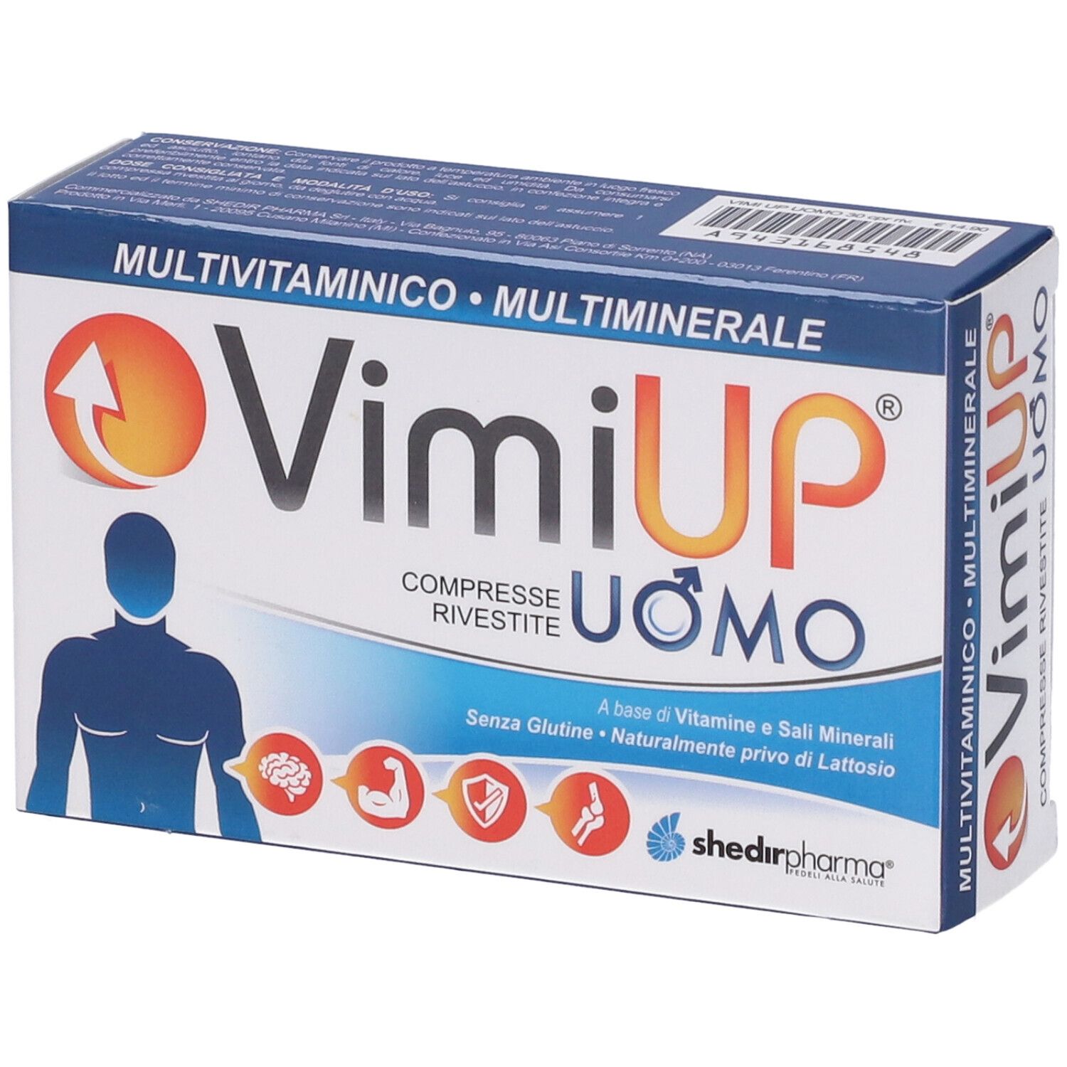 Scatola di compresse Vimi Up Uomo. Confezione blu e bianca con nome del prodotto, logo e figura di un uomo.