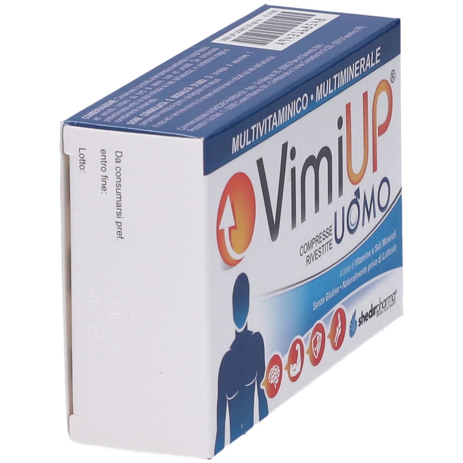 Scatola di compresse Vimi Up Uomo. Confezione blu e bianca con nome del prodotto, logo e figura di un uomo.