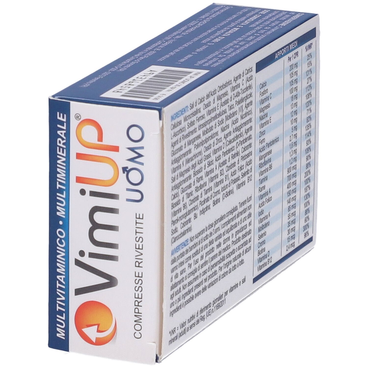 Scatola di compresse Vimi Up Uomo. Confezione blu e bianca con nome del prodotto, logo e informazioni nutrizionali.