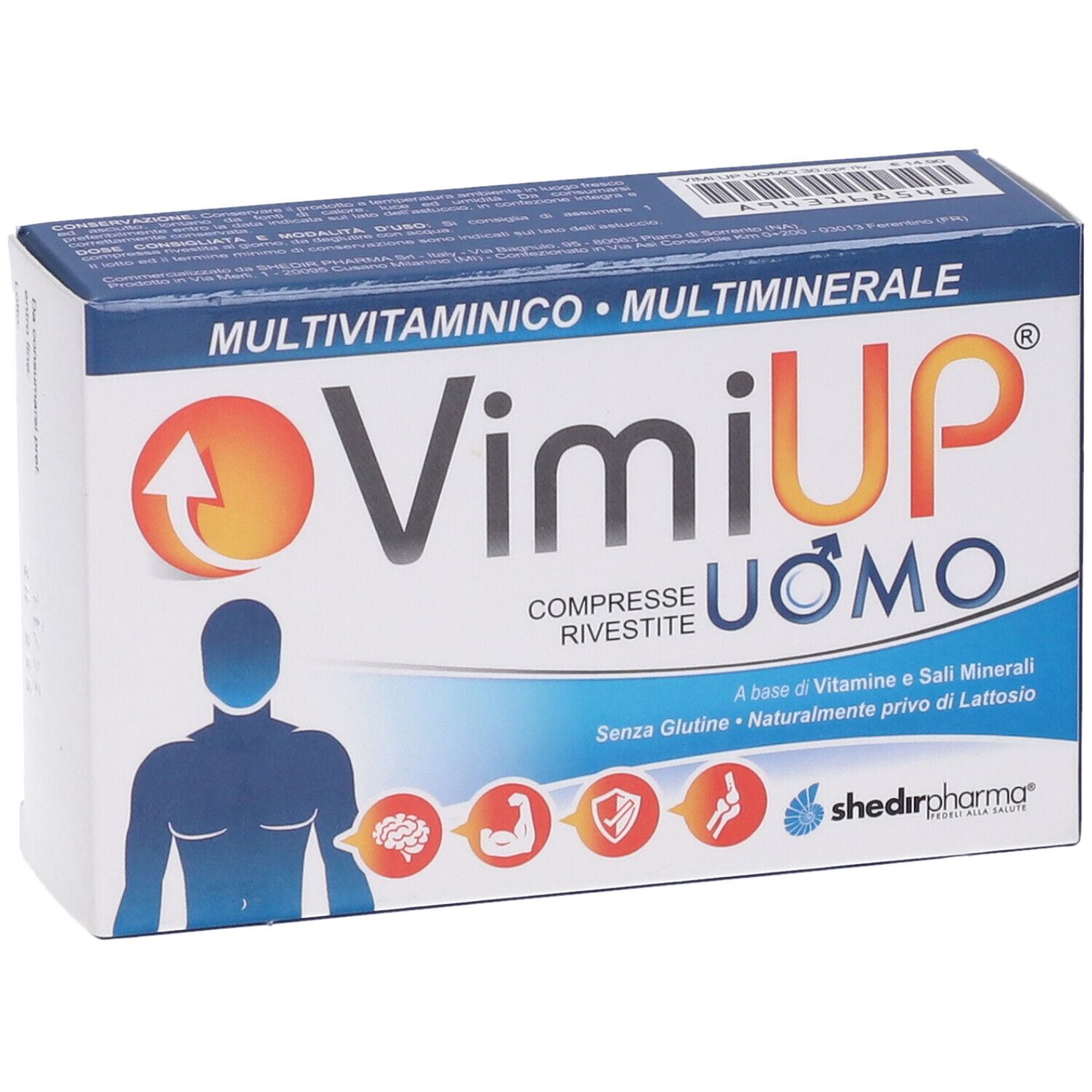 Scatola di compresse Vimi Up Uomo. Confezione blu e bianca con nome del prodotto, logo e figura di un uomo.