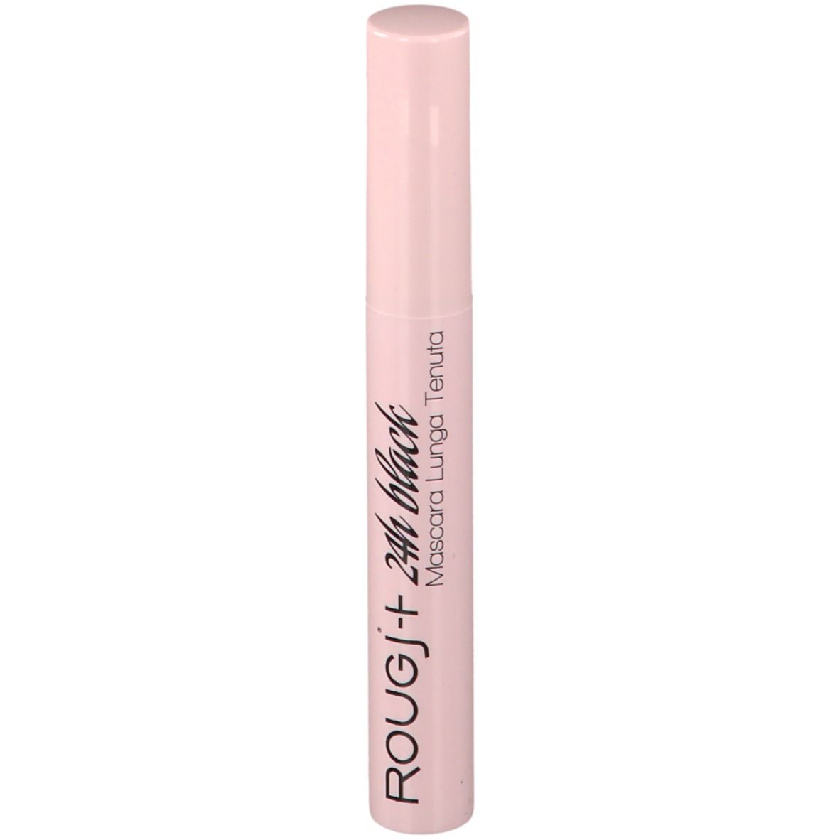 Mascara ROUGJ+ 24h black. Tubo rosa con testo nero. Nome del prodotto e marchio visibili.