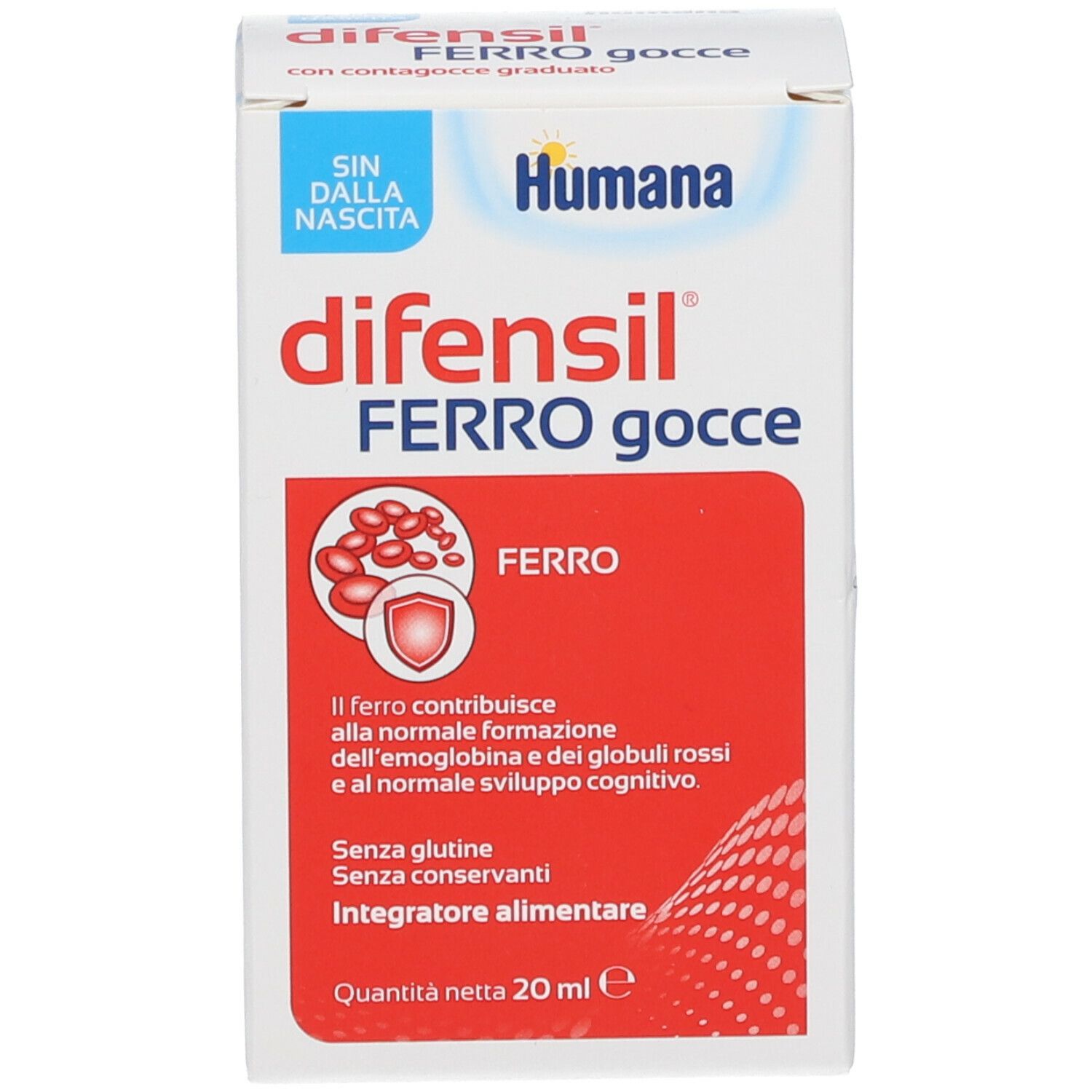 Confezione di Difensil Ferro Gocce. Bianca, rossa. Marchio Humana. Contiene 20 ml.