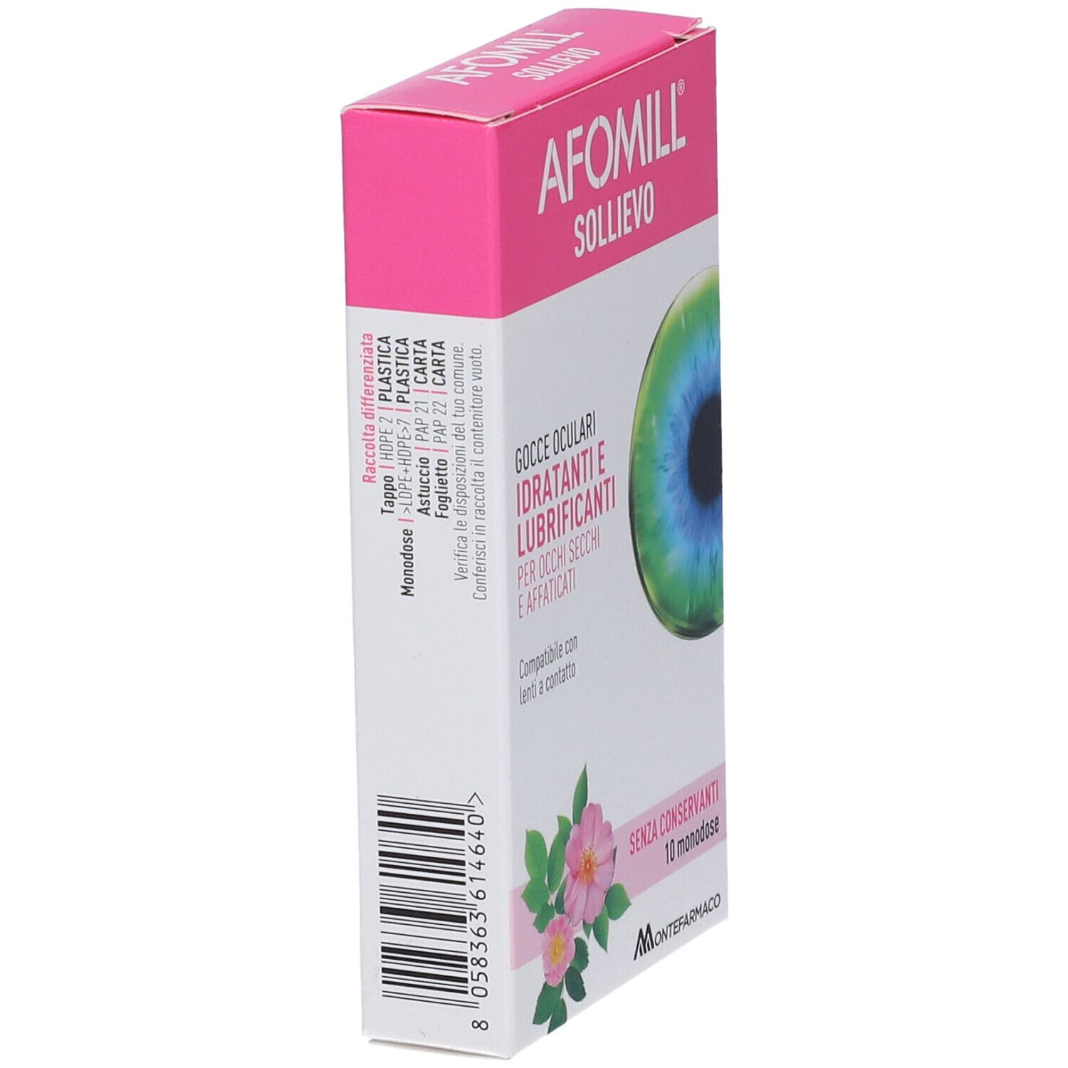 AFOMILL SOLLIEVO Verpackung, Seitenansicht. Rosa-weiße Schachtel mit Barcode und Produktinformationen. Enthält 10 Einzeldosen.