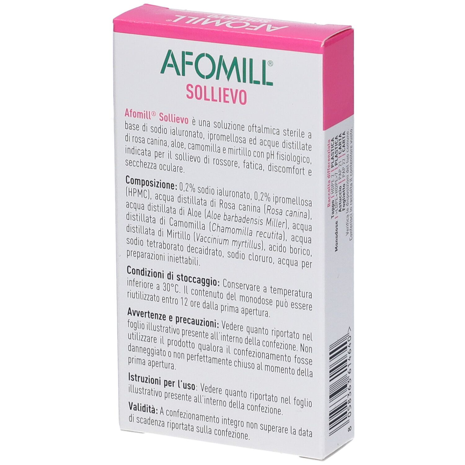 Rückseite der AFOMILL SOLLIEVO Verpackung. Textinformationen über Inhaltsstoffe und Anwendung. Enthält 10 Einzeldosen.