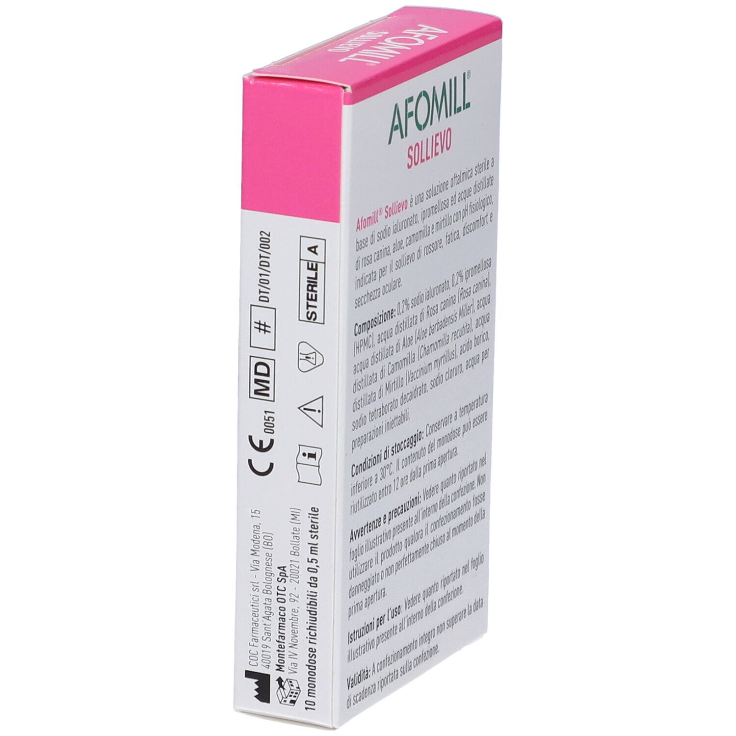 Seitenansicht der AFOMILL SOLLIEVO Verpackung. Rosa-weiße Schachtel mit CE-Kennzeichnung und Herstellerinformationen. 10 Einzeldosen.