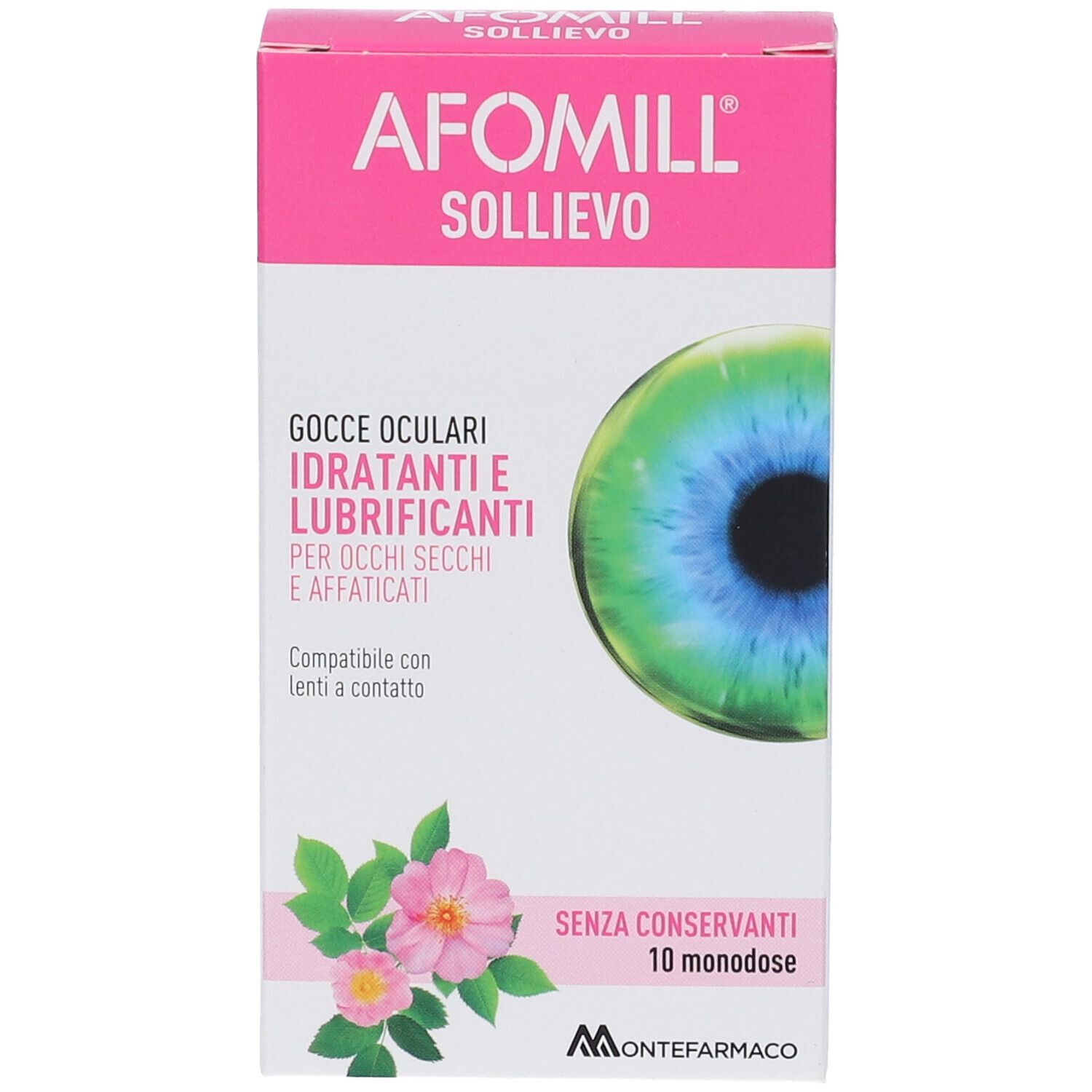 AFOMILL SOLLIEVO Augentropfen Verpackung. Rosa-weiße Schachtel mit Produktnamen und Augenabbildung. Enthält 10 Einzeldosen.