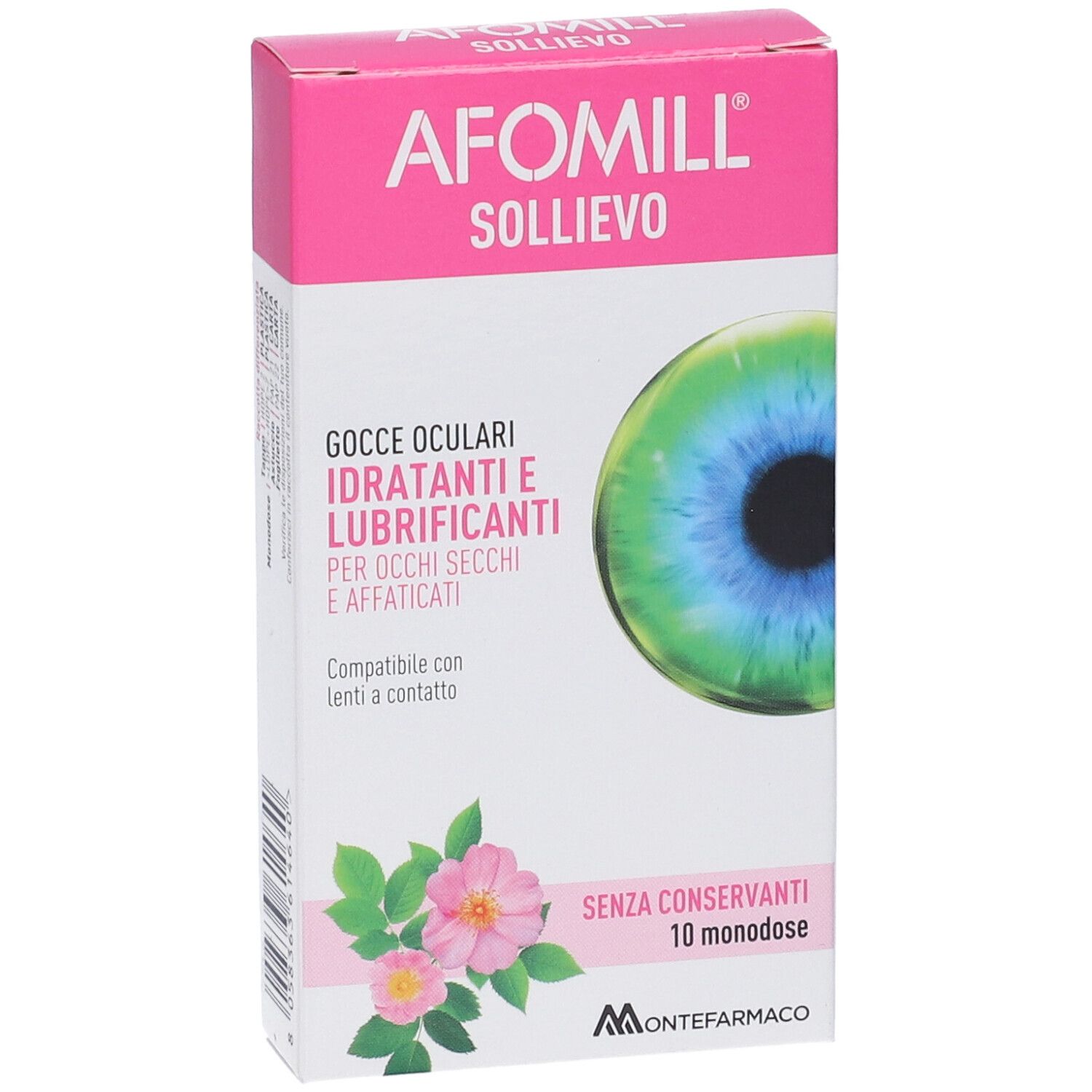 AFOMILL SOLLIEVO Augentropfen Verpackung. Rosa-weiße Schachtel mit Produktnamen und Augenabbildung. Enthält 10 Einzeldosen.