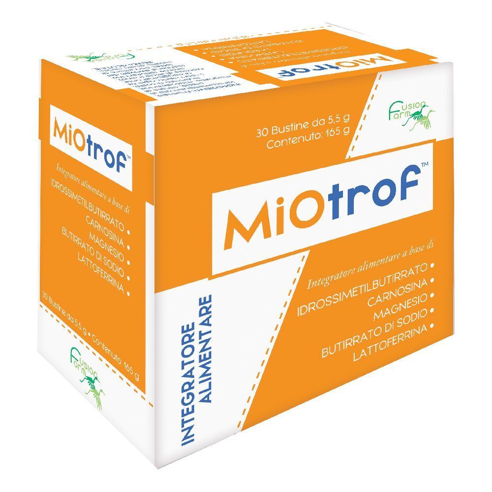 Scatola arancione con nome Miotrof. Contiene 30 bustine. Scritto: Integratore Alimentare.
