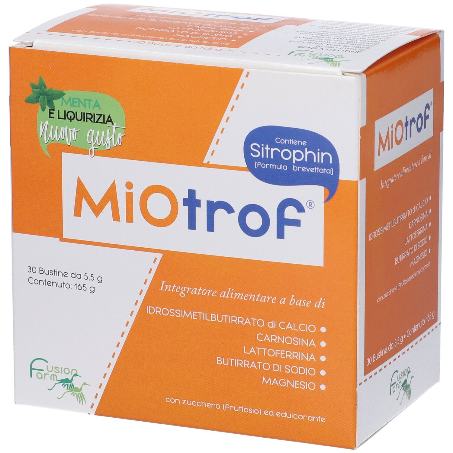 Scatola arancione Miotrof. 30 bustine. Gusto menta e liquirizia. Contiene Sitrophin.