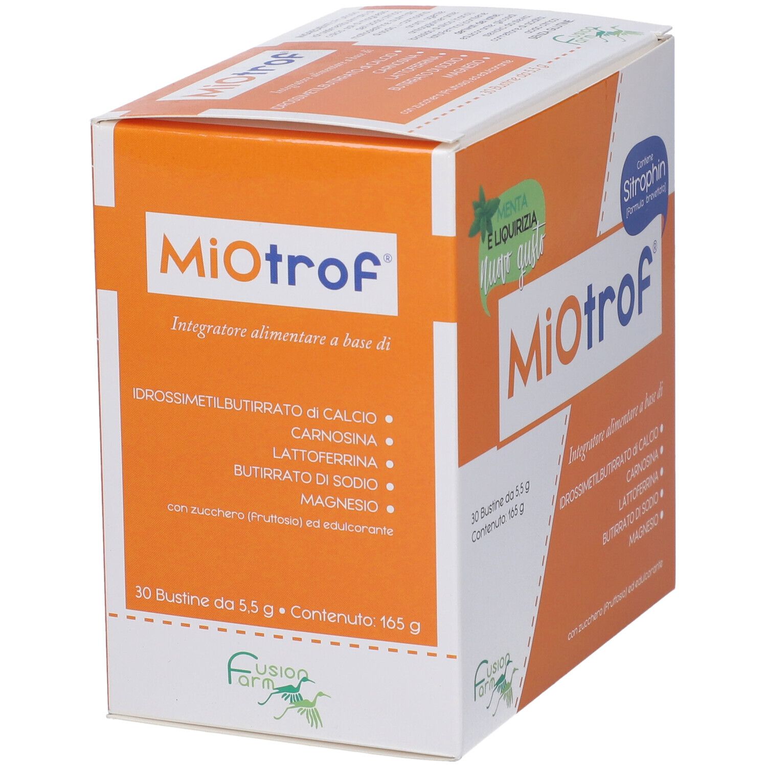 Scatola arancione Miotrof. 30 bustine. Gusto menta e liquirizia. Contiene Sitrophin.