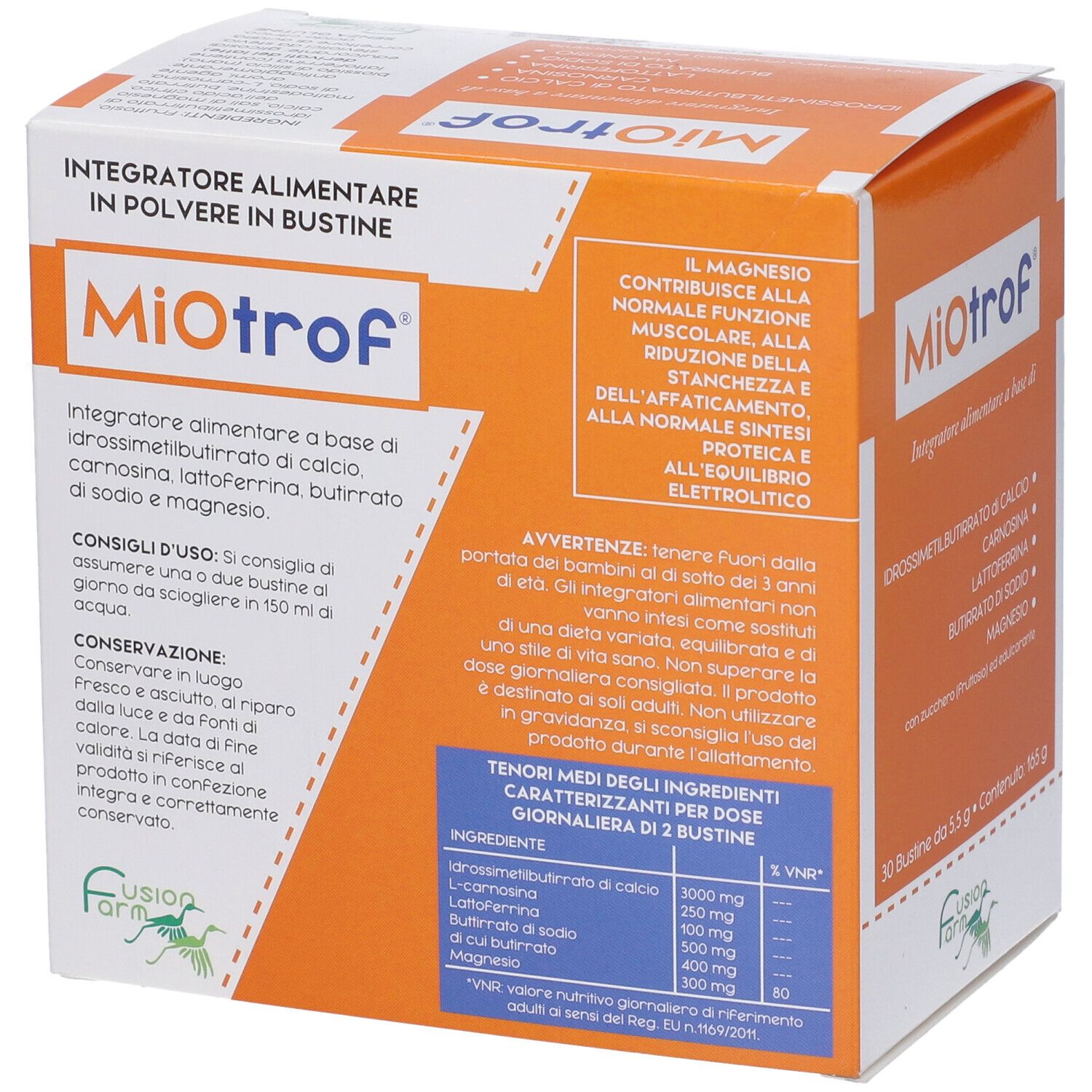 Scatola arancione Miotrof. 30 bustine. Retro con ingredienti e istruzioni per l'uso.